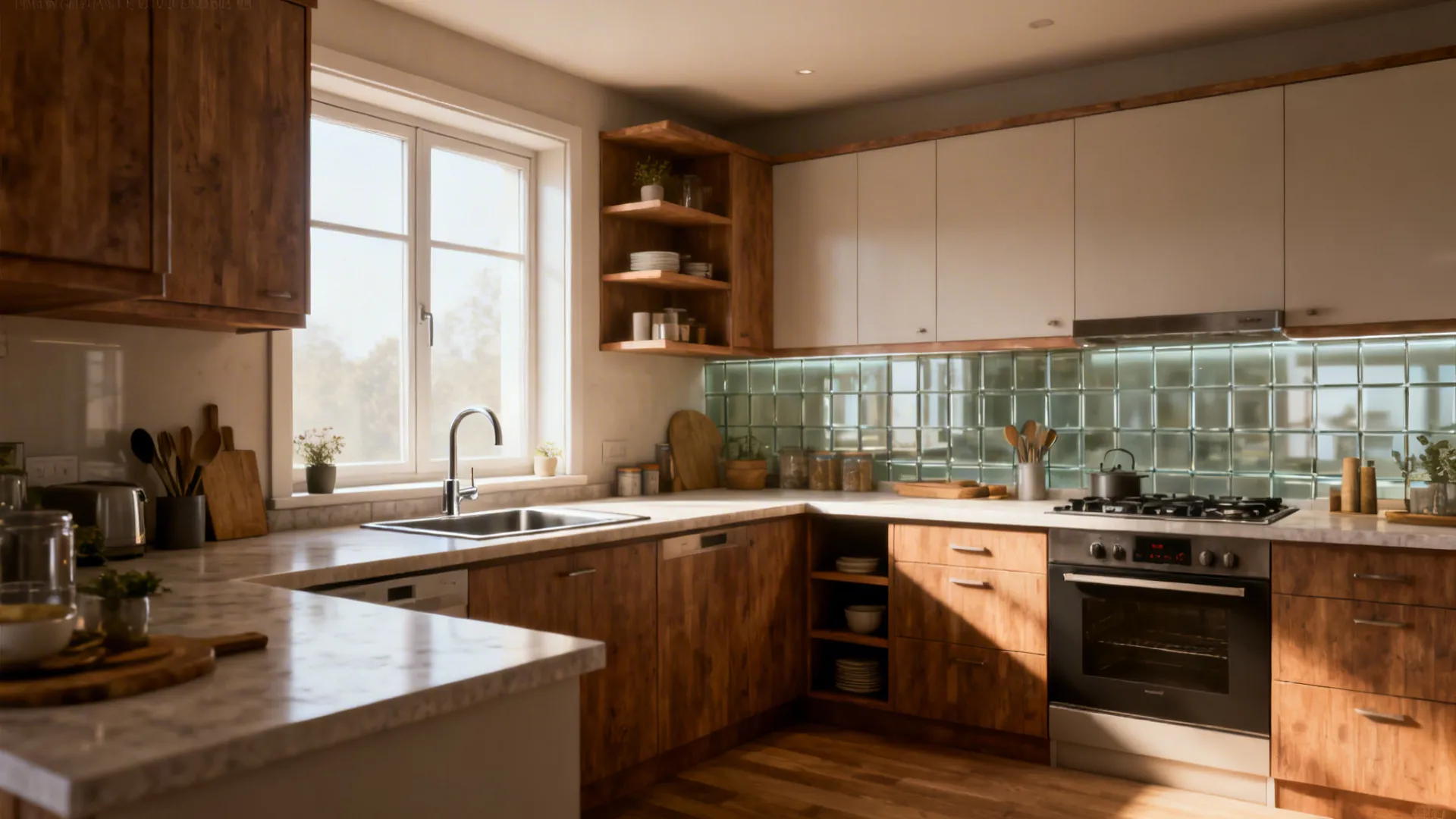 Before-and-after view showing a narrow galley converted to an L-shaped kitchen with a longer continuous counter.