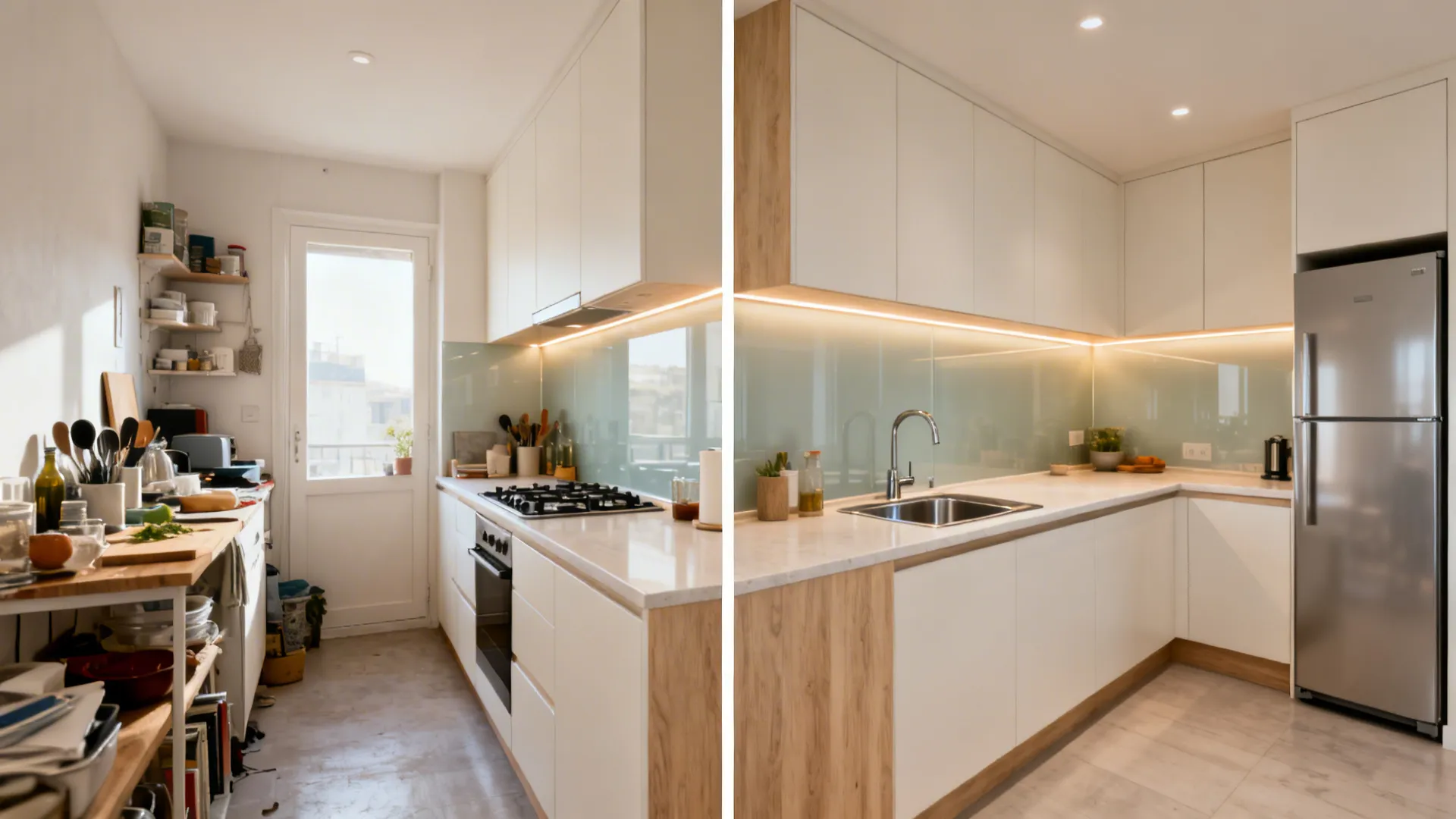 Split before-and-after showing a cluttered one-wall kitchen versus a refined L-shaped layout with a long prep zone.
