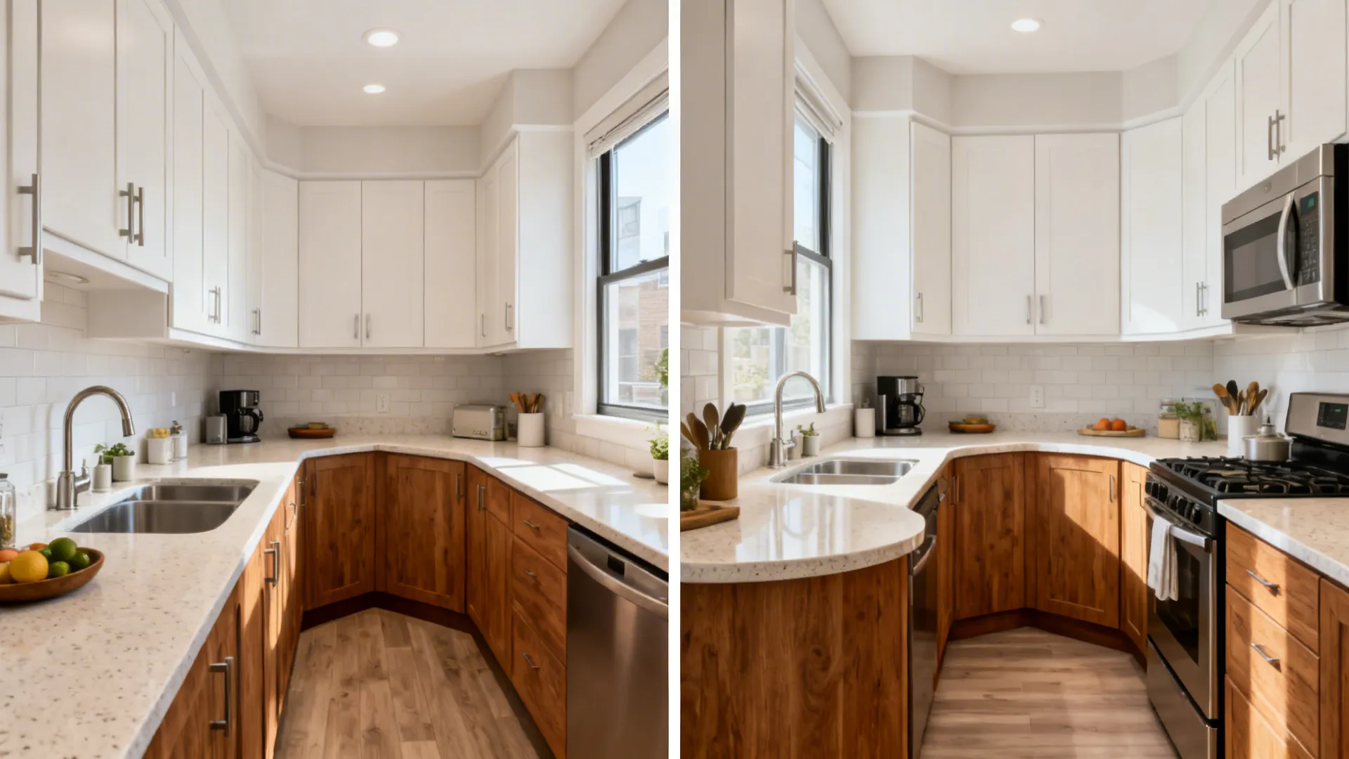 Before and after comparison showing kitchen renovation with white wall cabinets and light wood base cabinets