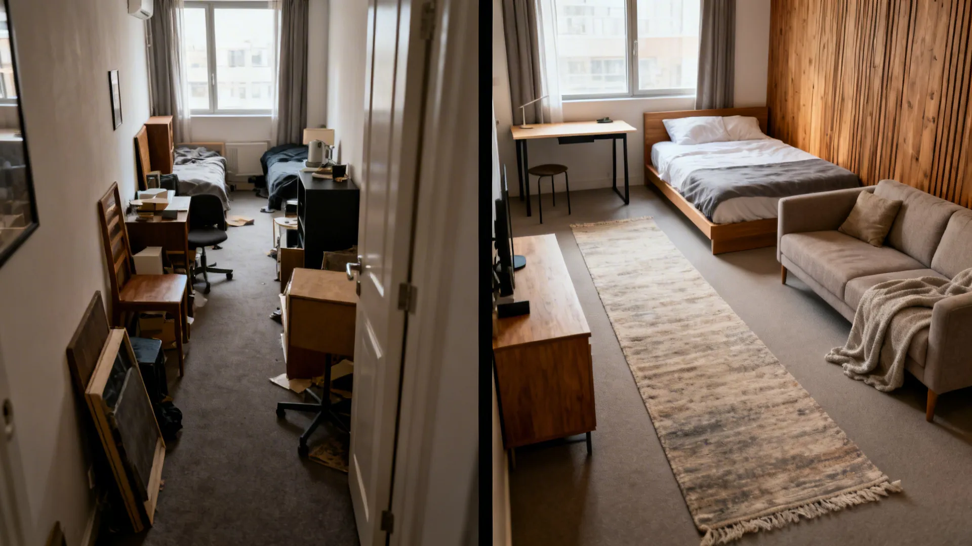 Split view showing a cramped layout before and a clear L-shaped layout after.