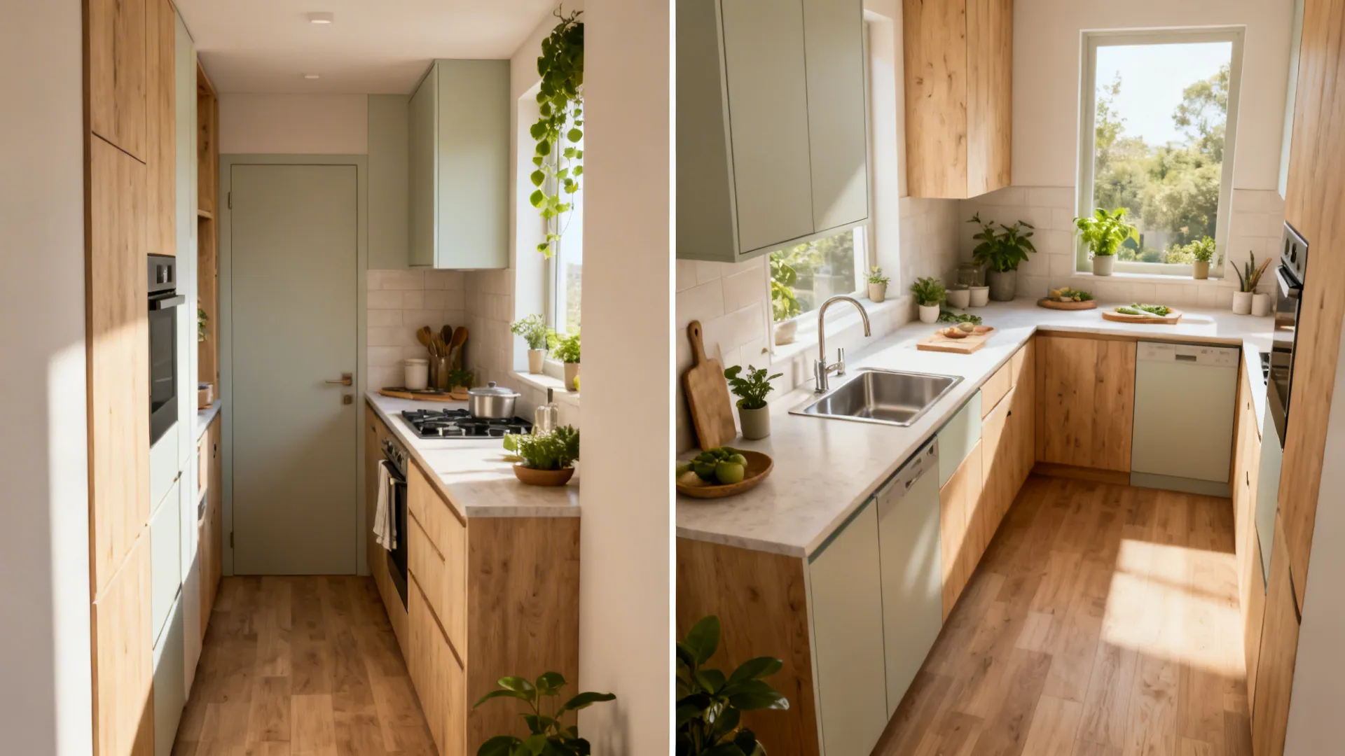 Before-and-after of a micro-kitchen switching from single-wall to L-shaped for better workflow.
