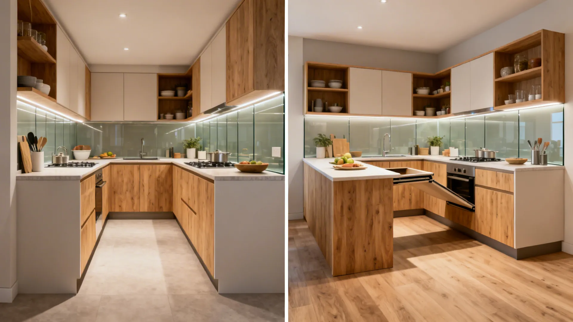 Before-and-after showing a cramped kitchen transformed into an L-shape with a fold-down peninsula.