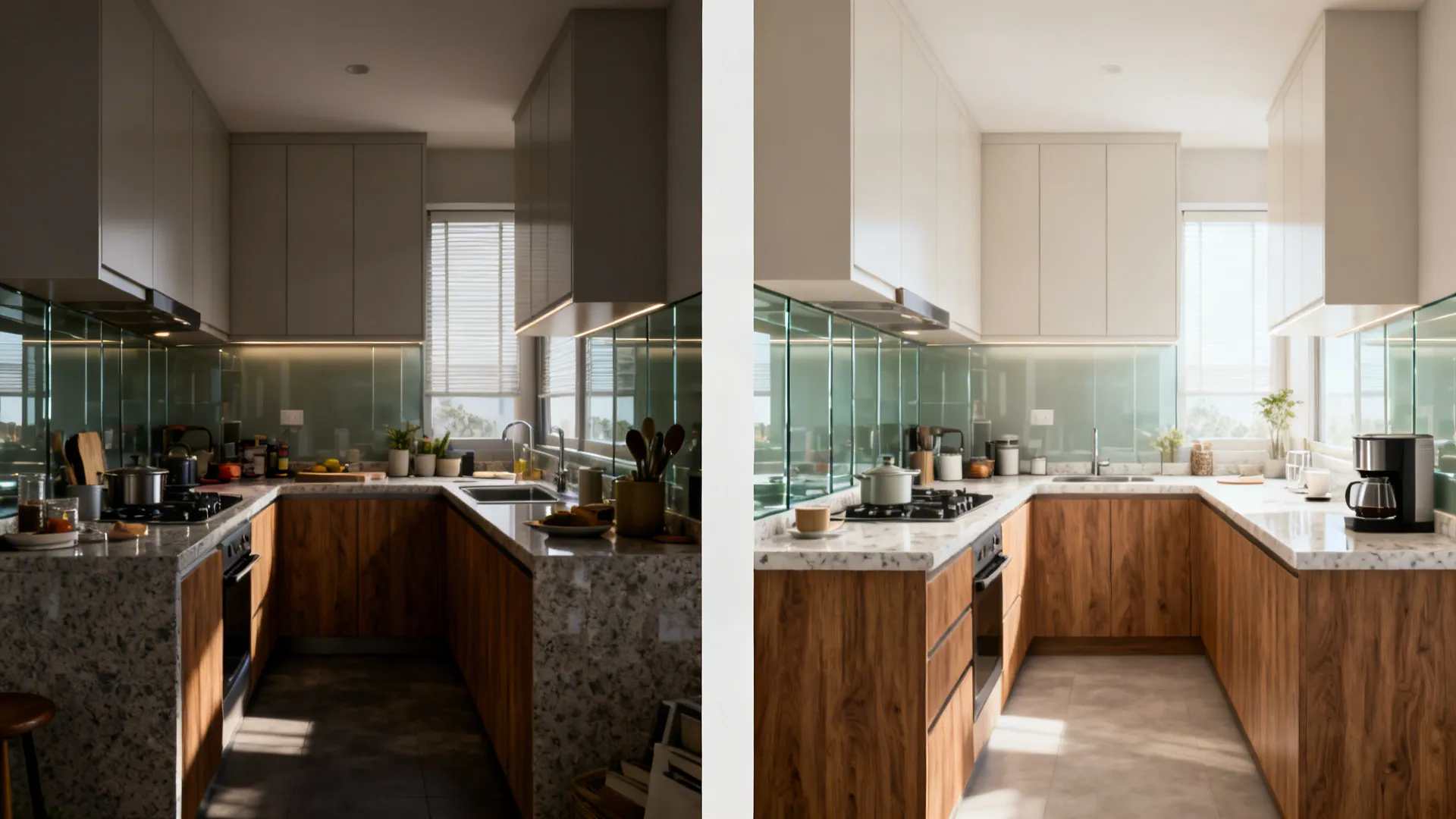 Before-and-after of an HDB kitchen, showing an added prep wing that brightens and expands workflow.