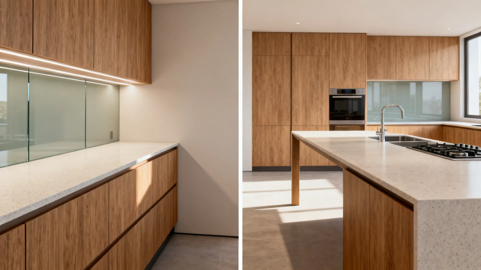 Before-and-after showing a single-wall kitchen transformed into an L-shaped plan with more counter space.