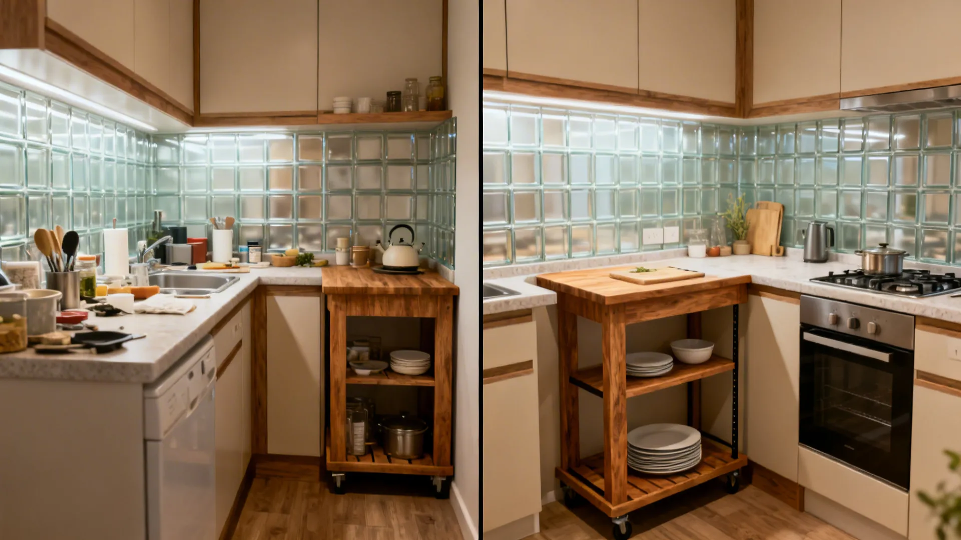 Before and after comparison of a messy kitchen versus a clean organized workspace with glass wall