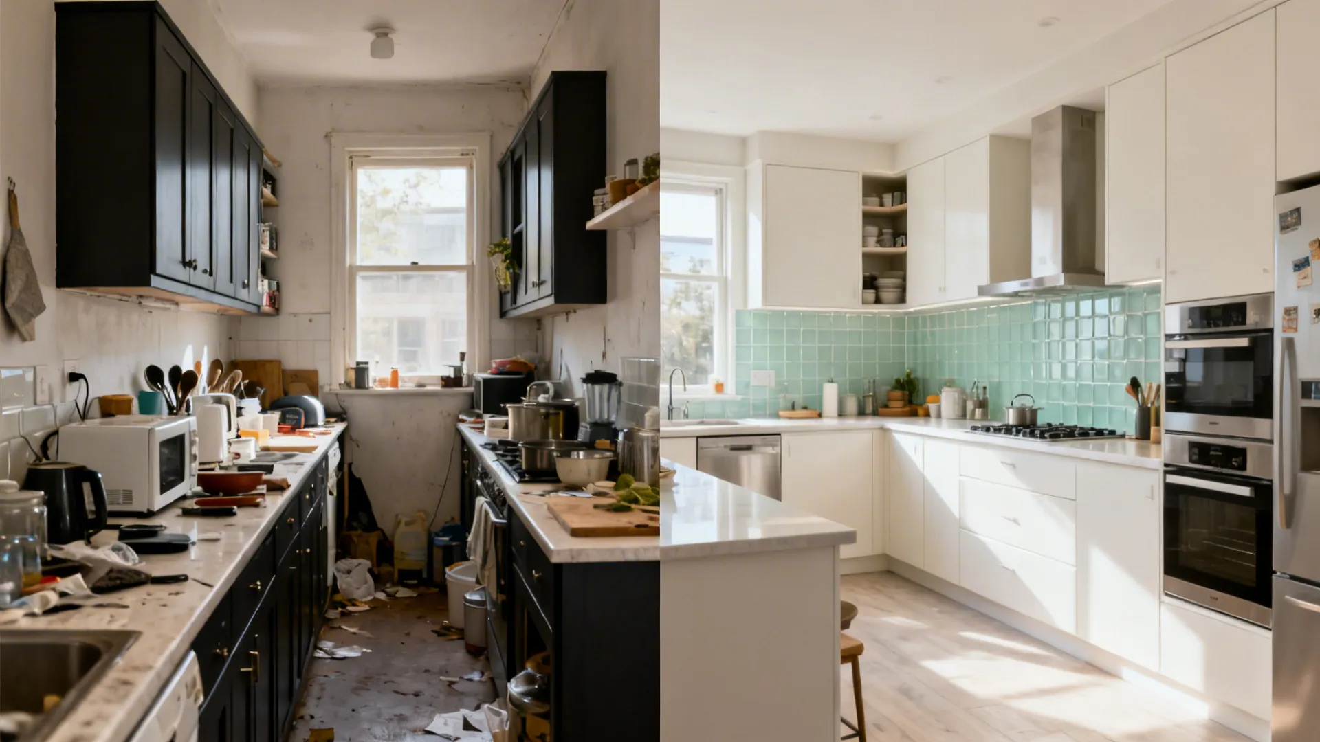 Before and after comparison of a messy dark kitchen versus a clean bright white kitchen