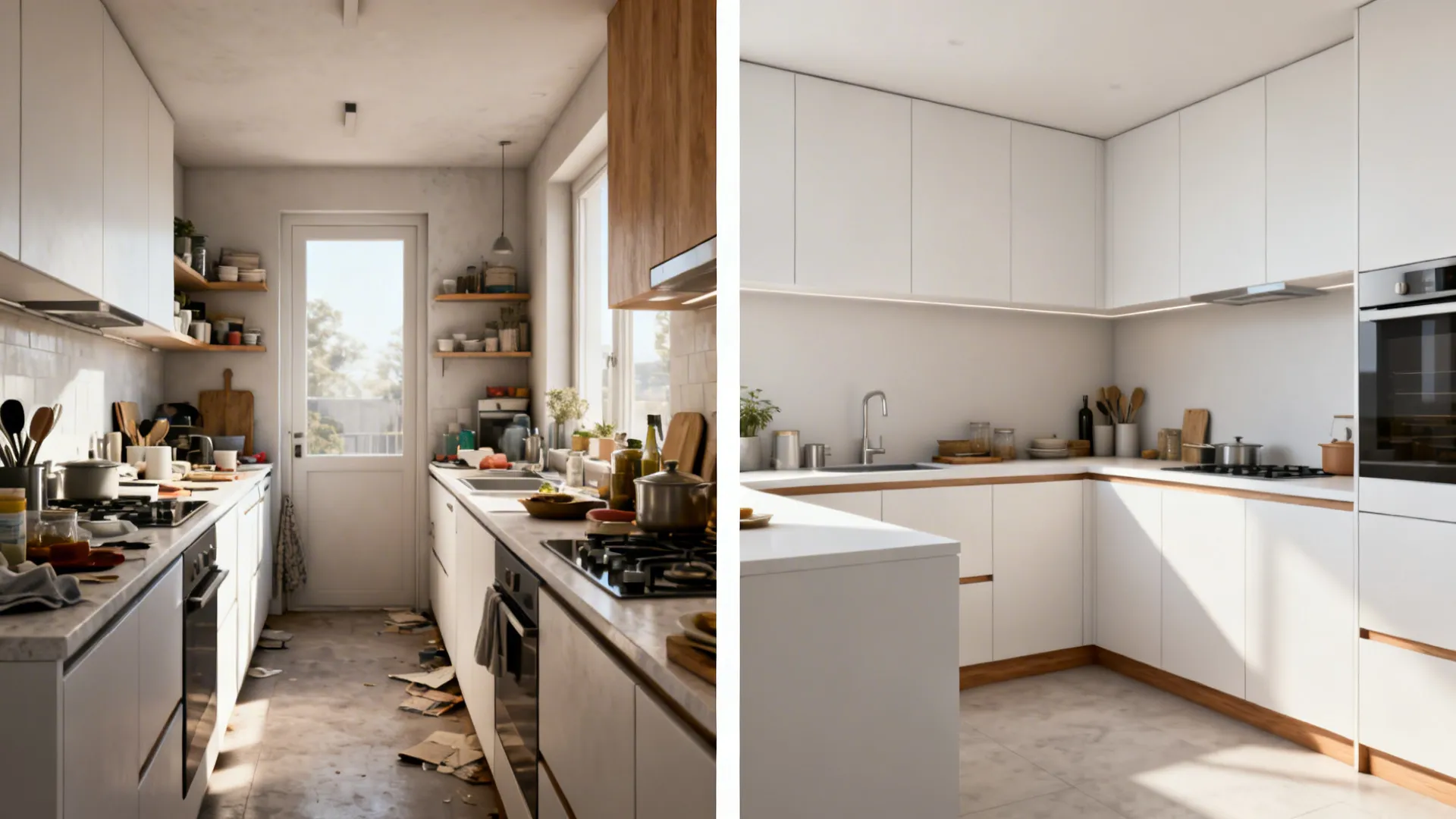Before-and-after of a small kitchen switching from a cramped galley to a tidy L-shaped layout.