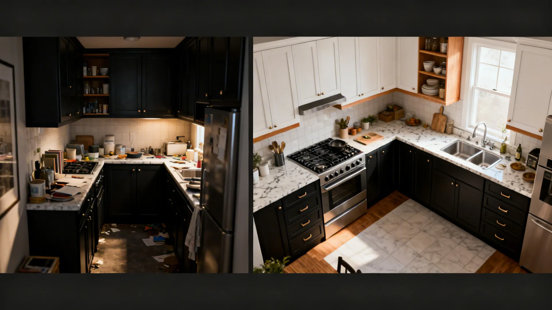 Before and after comparison of a messy dark kitchen versus a bright modern kitchen layout
