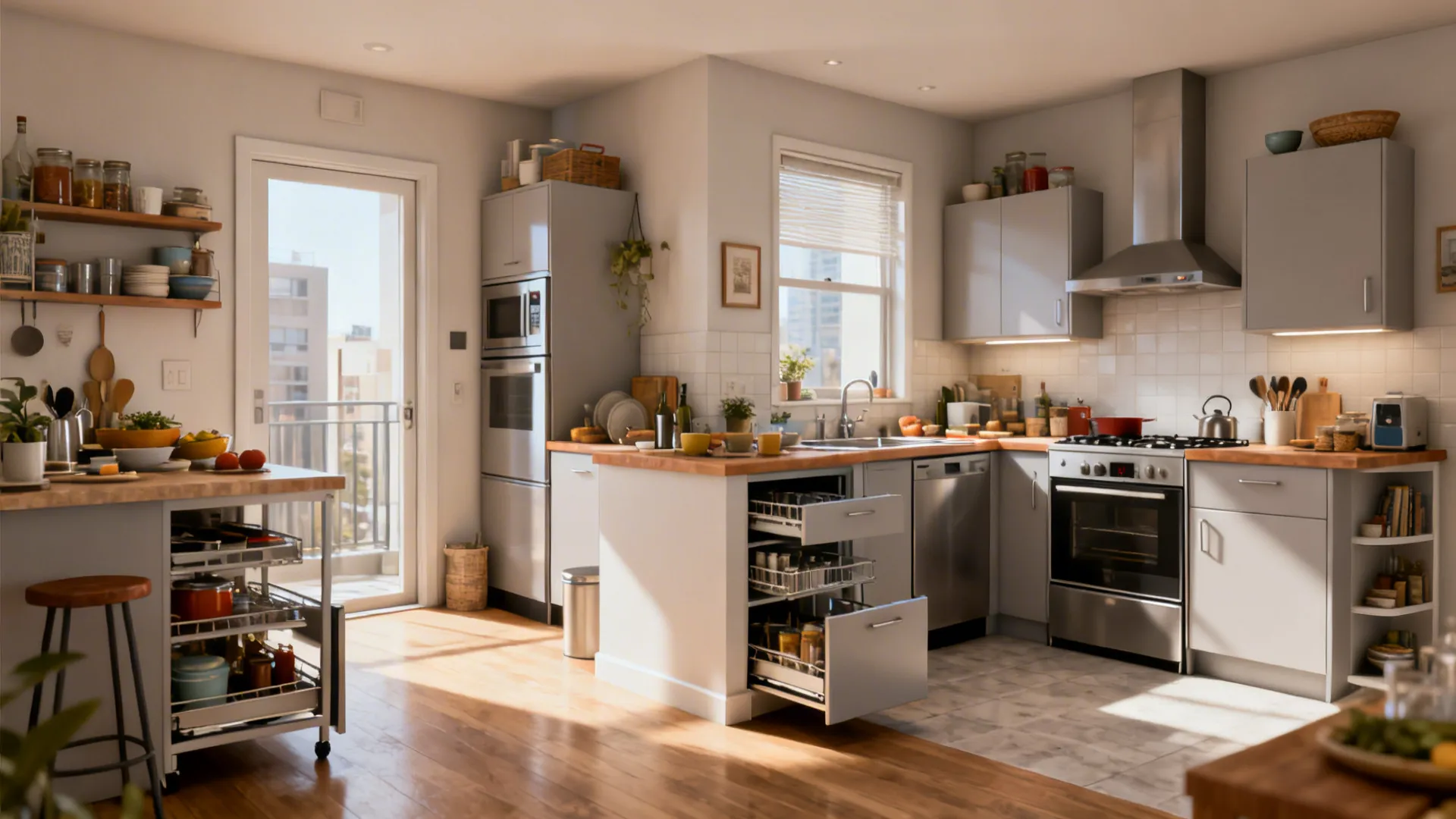 Before-and-after of a tiny kitchen reconfigured to an efficient L-shaped layout.