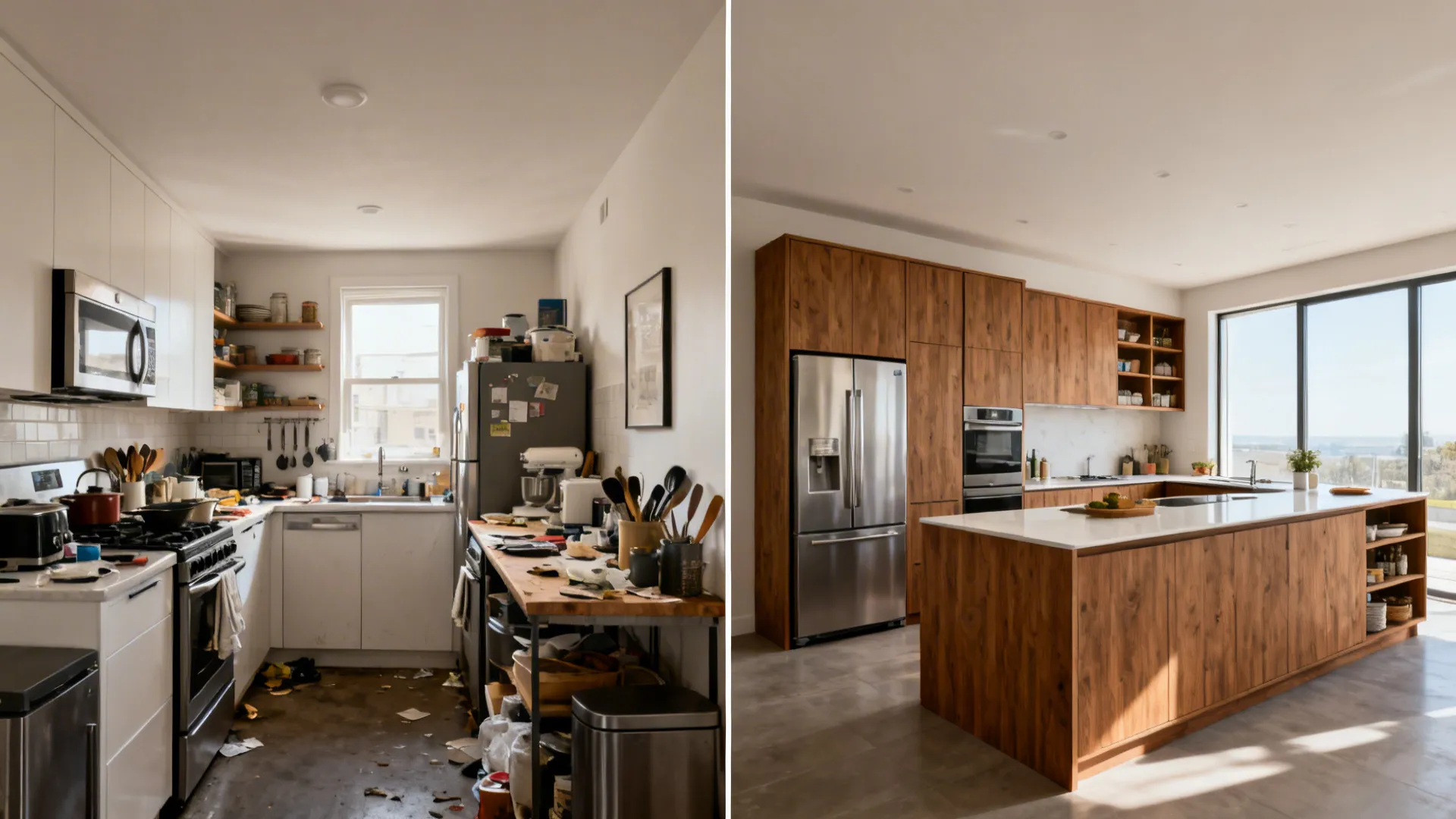 L-shaped compact layout with full-height pantry