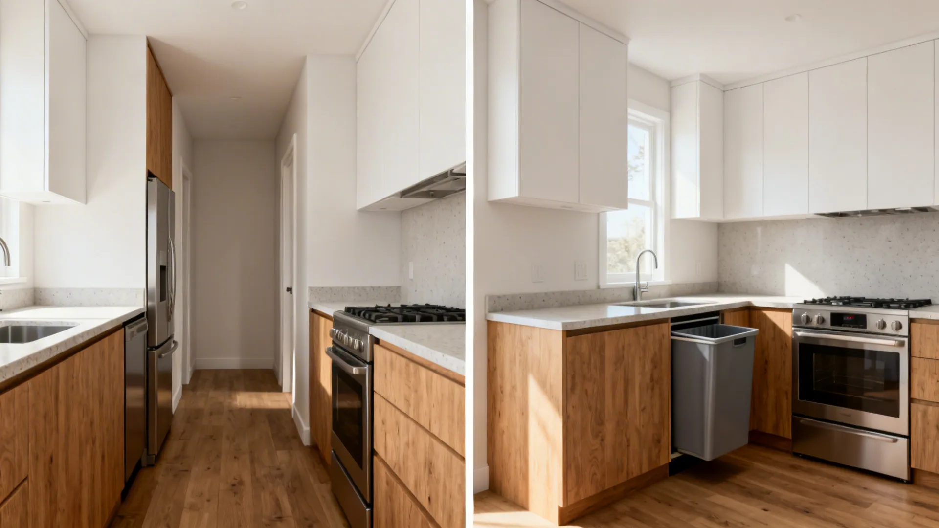 Before-after comparison showing a corridor galley transformed into an L-shaped micro kitchen.