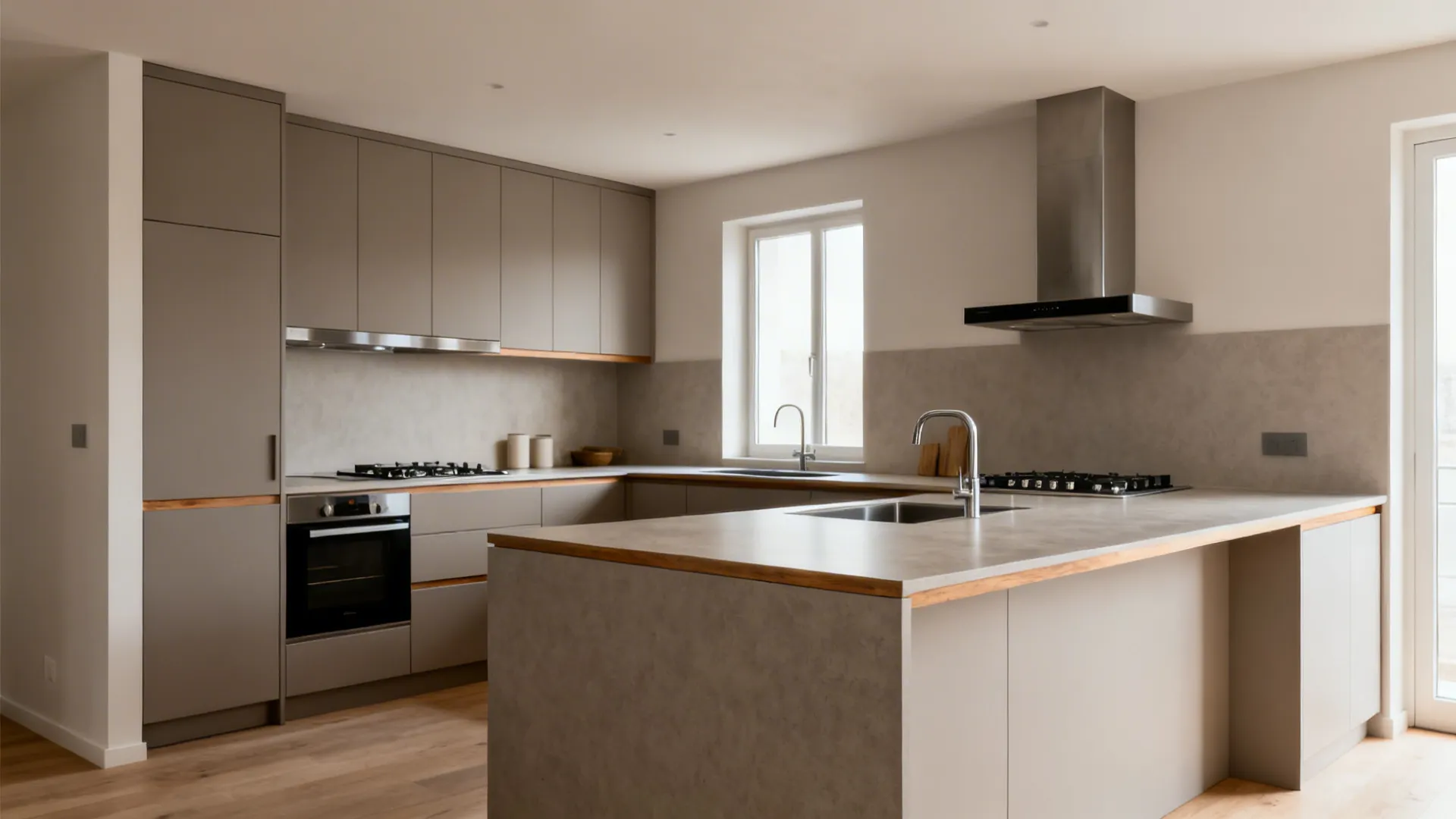 Compact kitchen redesigned from U-shape to a clean L-shaped layout with better flow.