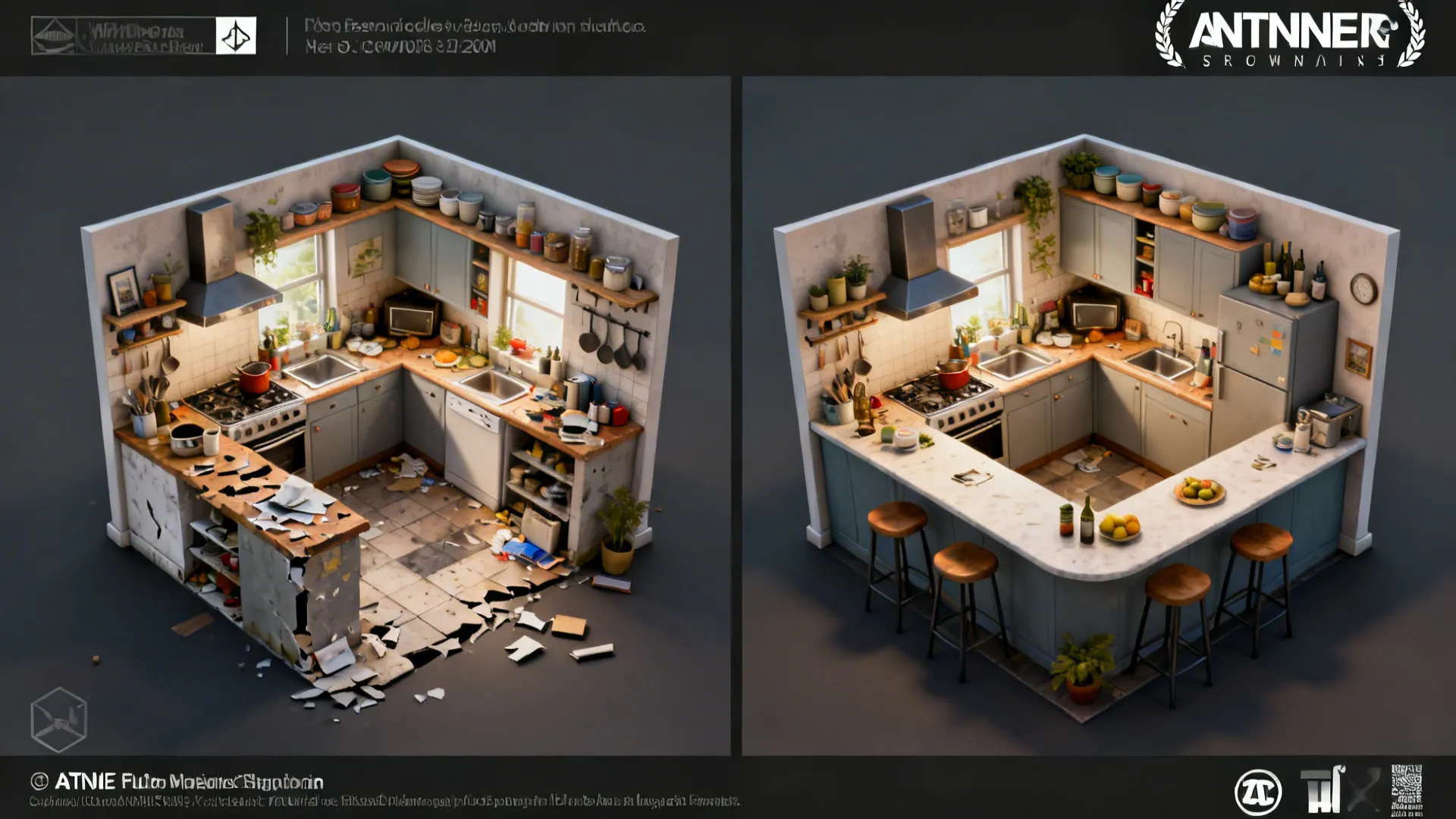 Before-and-after comparison of a messy old kitchen versus a clean modern kitchen with wooden stools