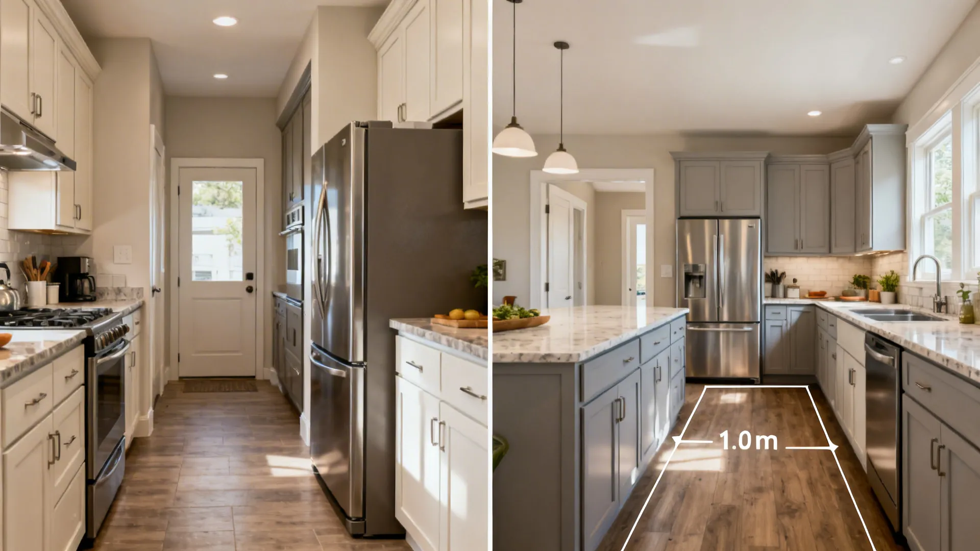 Before and after comparison of narrow kitchen layout versus spacious open plan design with island counter