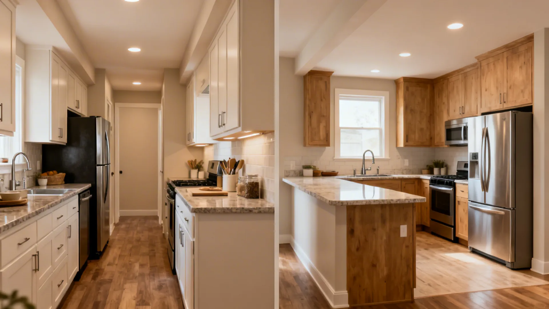 Before-and-after showing a cramped galley changed to an L-shaped layout with more counter space.