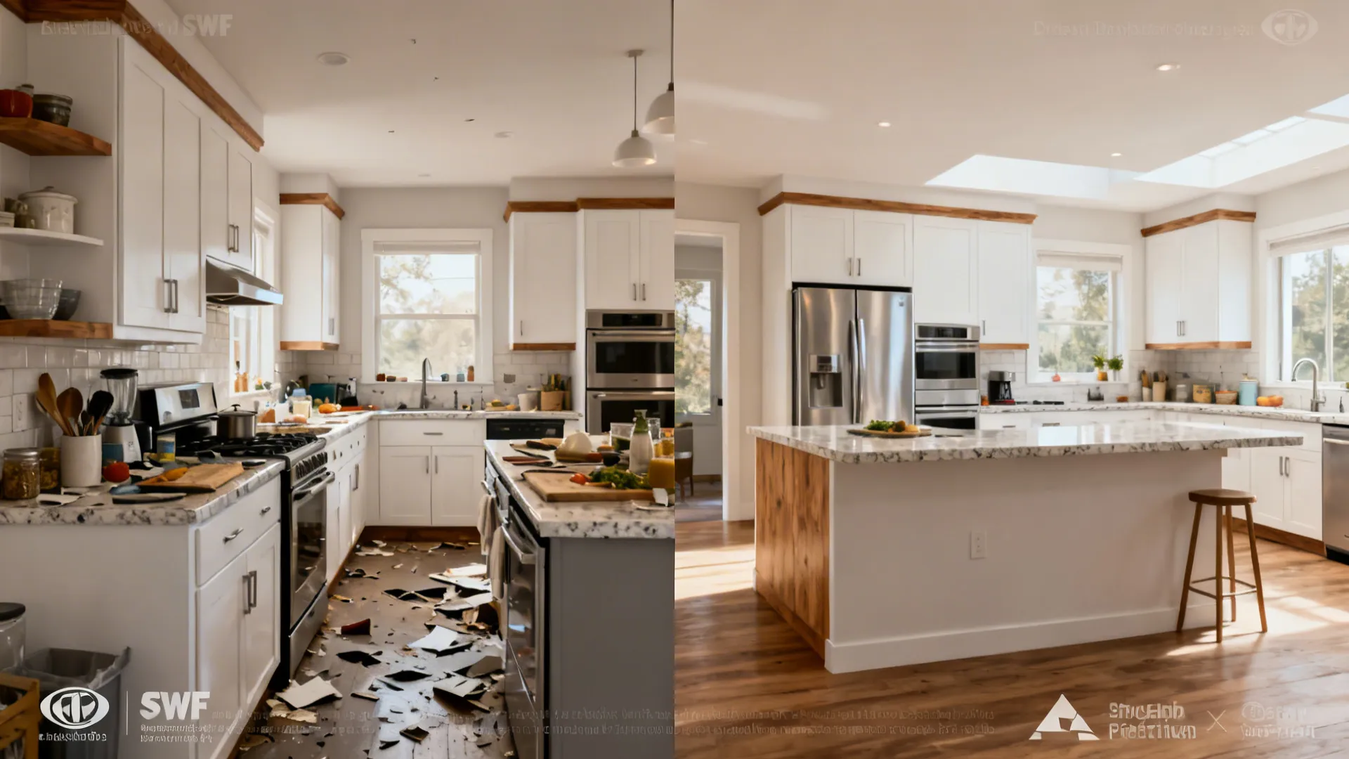 Before-and-after comparison from a cramped galley to a clear L-shaped kitchen with more prep space.