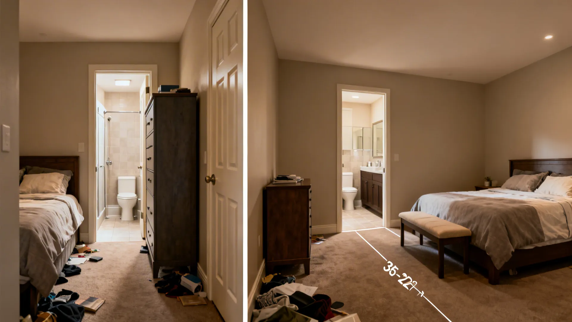 Before and after side by side comparison of a messy bedroom versus organized furniture layout