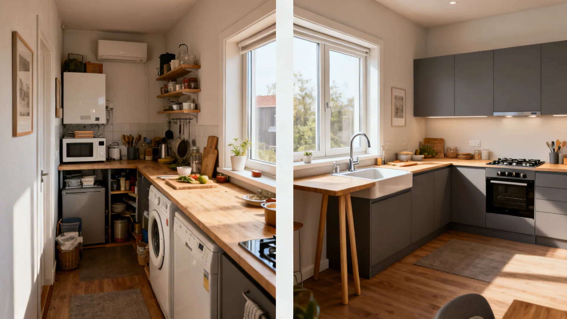 Before-and-after of a small kitchen transformed into an efficient L-shaped layout.