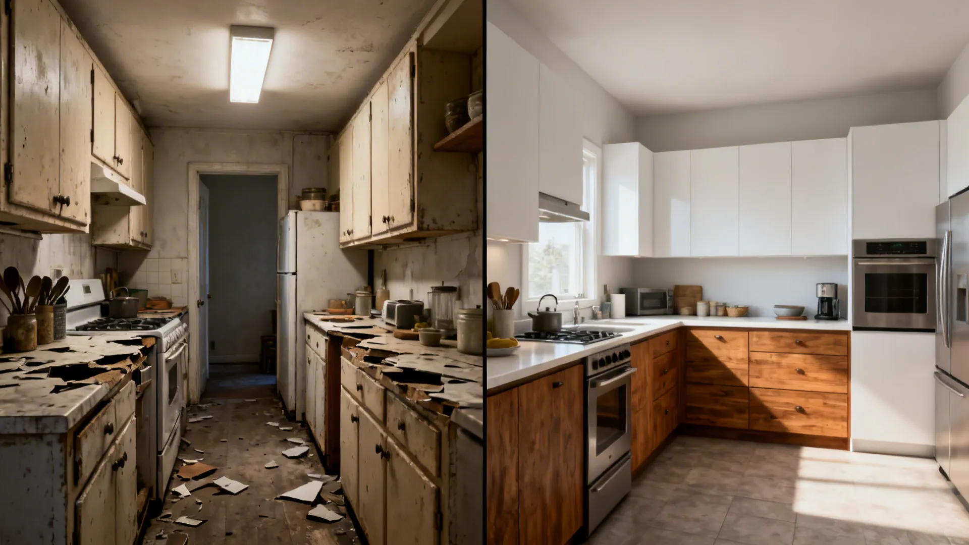 Before and after comparison of old messy kitchen transformed into modern kitchen with new cabinets