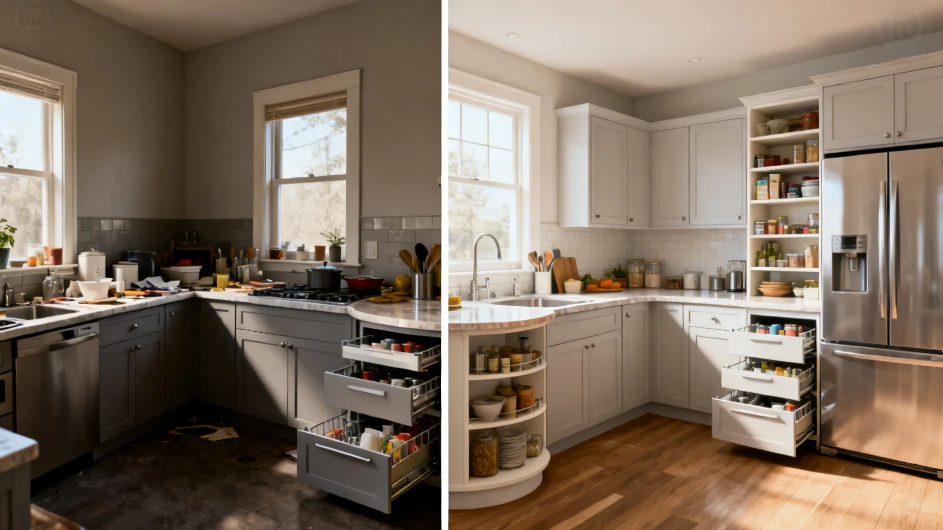 Before-and-after of a compact kitchen corner transformed with an L-shaped layout and tall pantry.