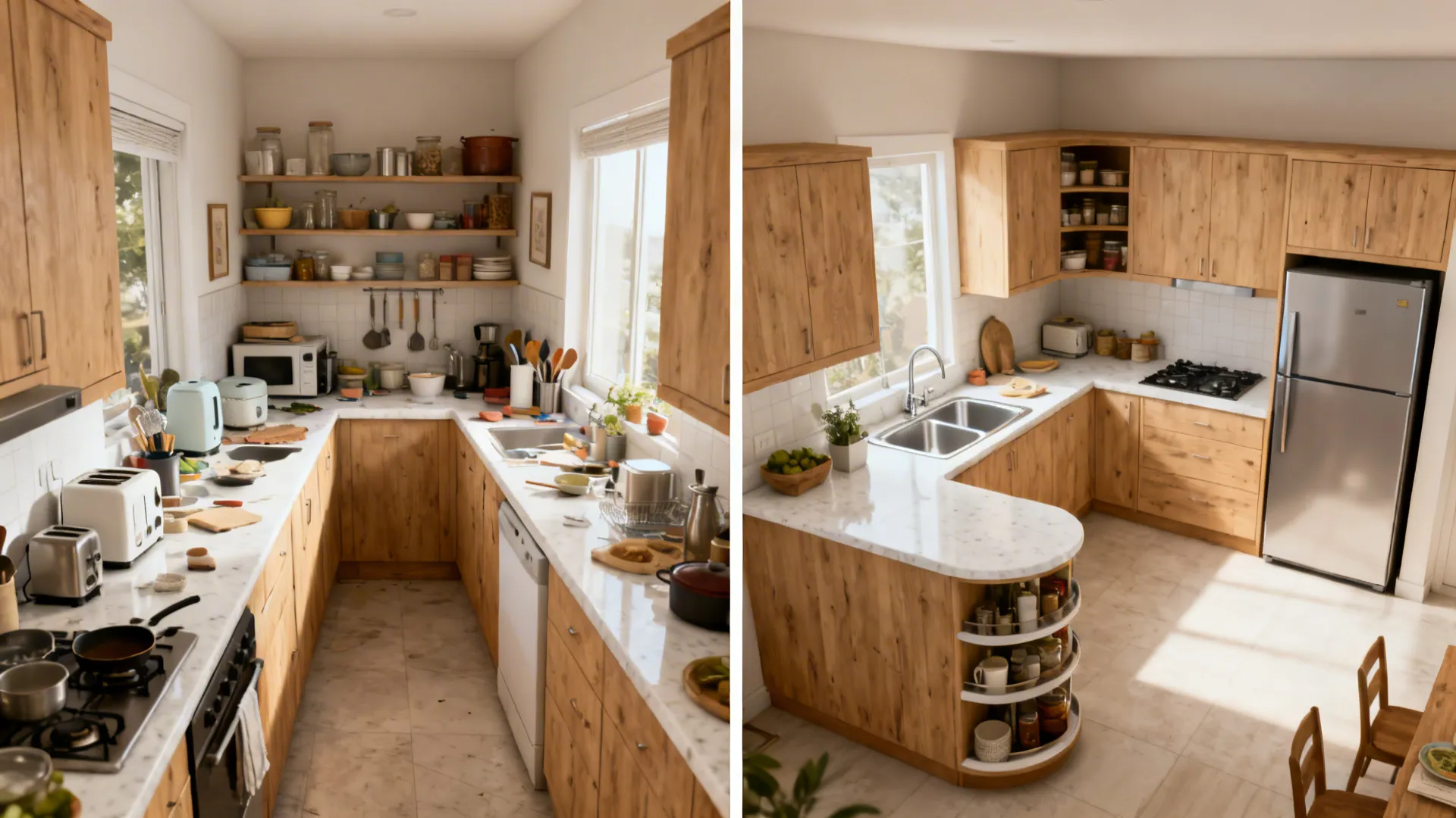 Before-and-after images showing a cluttered straight kitchen transformed into an efficient L-shaped layout.