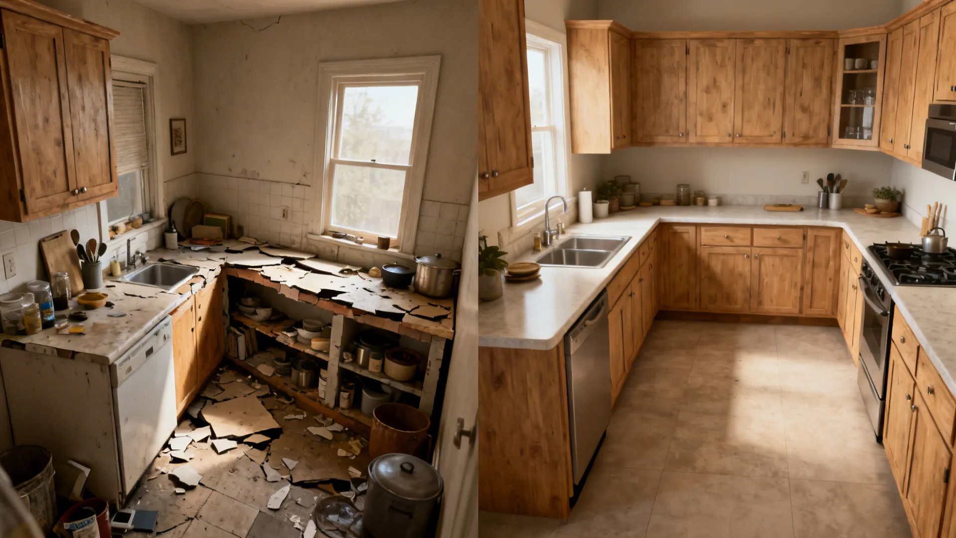 Before-and-after comparison showing a cramped kitchen transformed into a clean L-shaped layout.