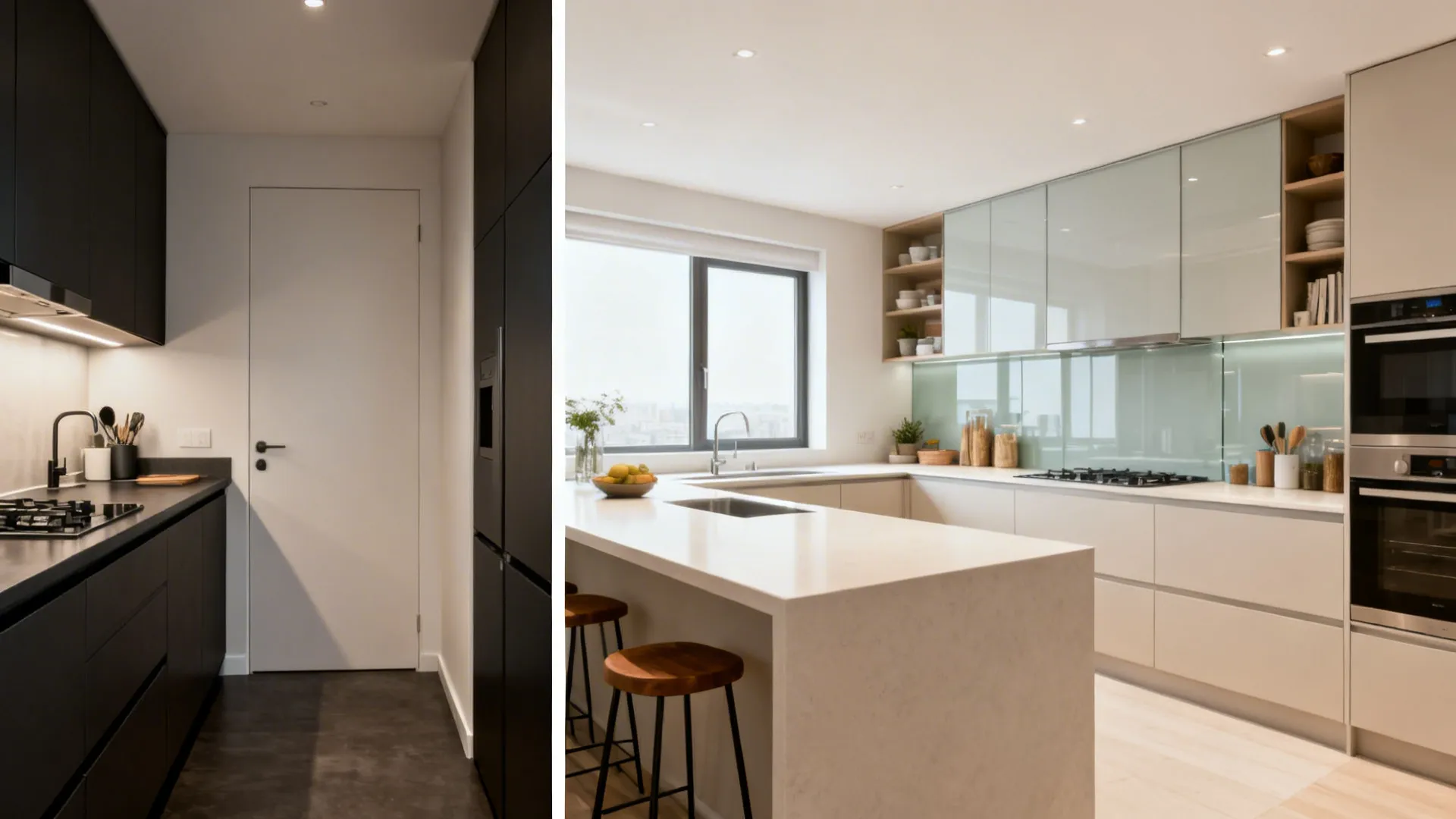 Before and after comparison from single-wall to bright L-shaped compact kitchen.