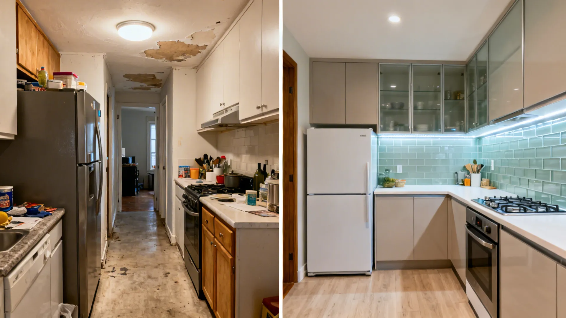 Before-and-after of a galley kitchen transformed into a compact L-shaped layout with better lighting.