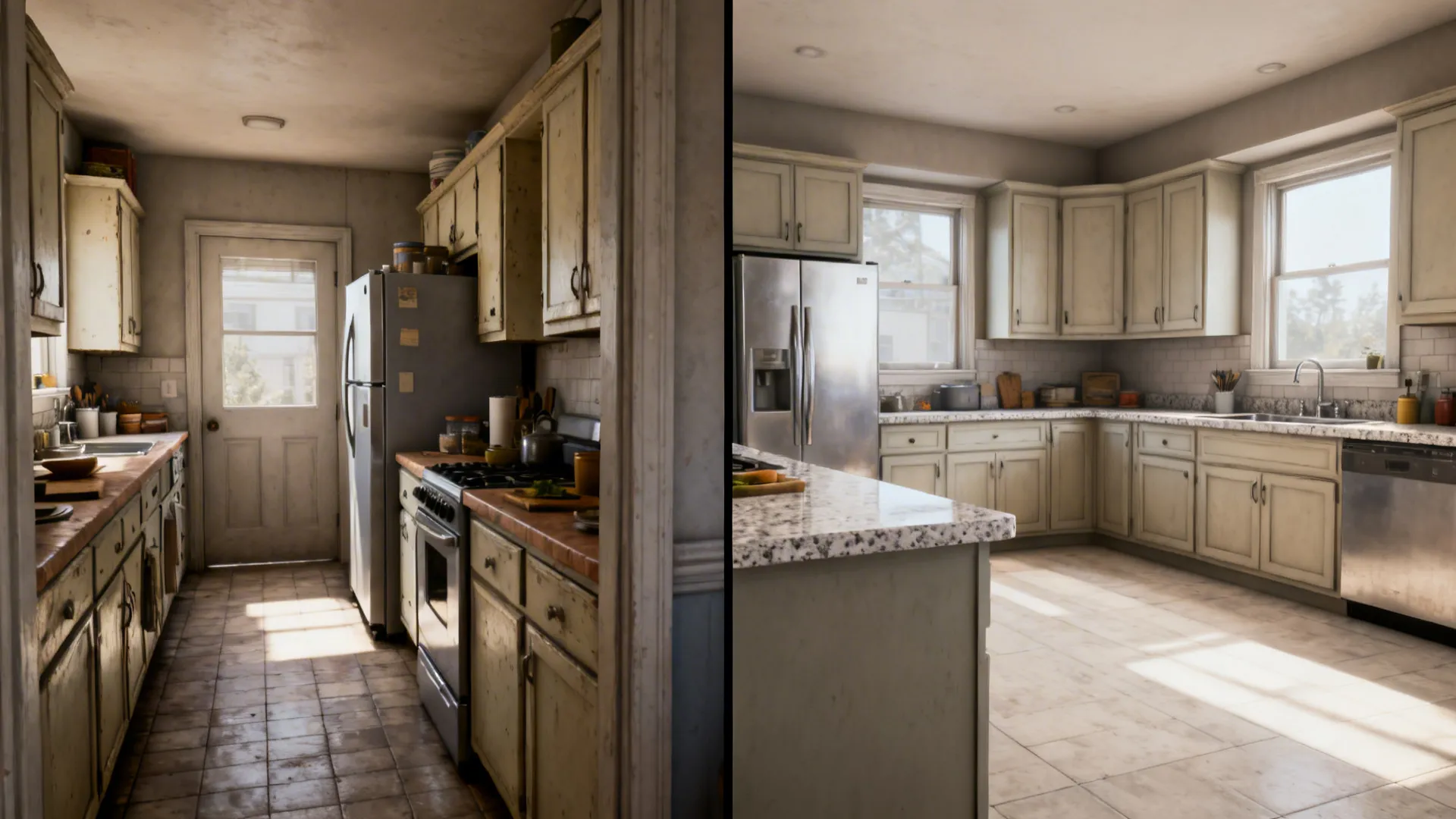 Before-and-after comparison showing a galley kitchen transformed into an efficient L-shaped layout.
