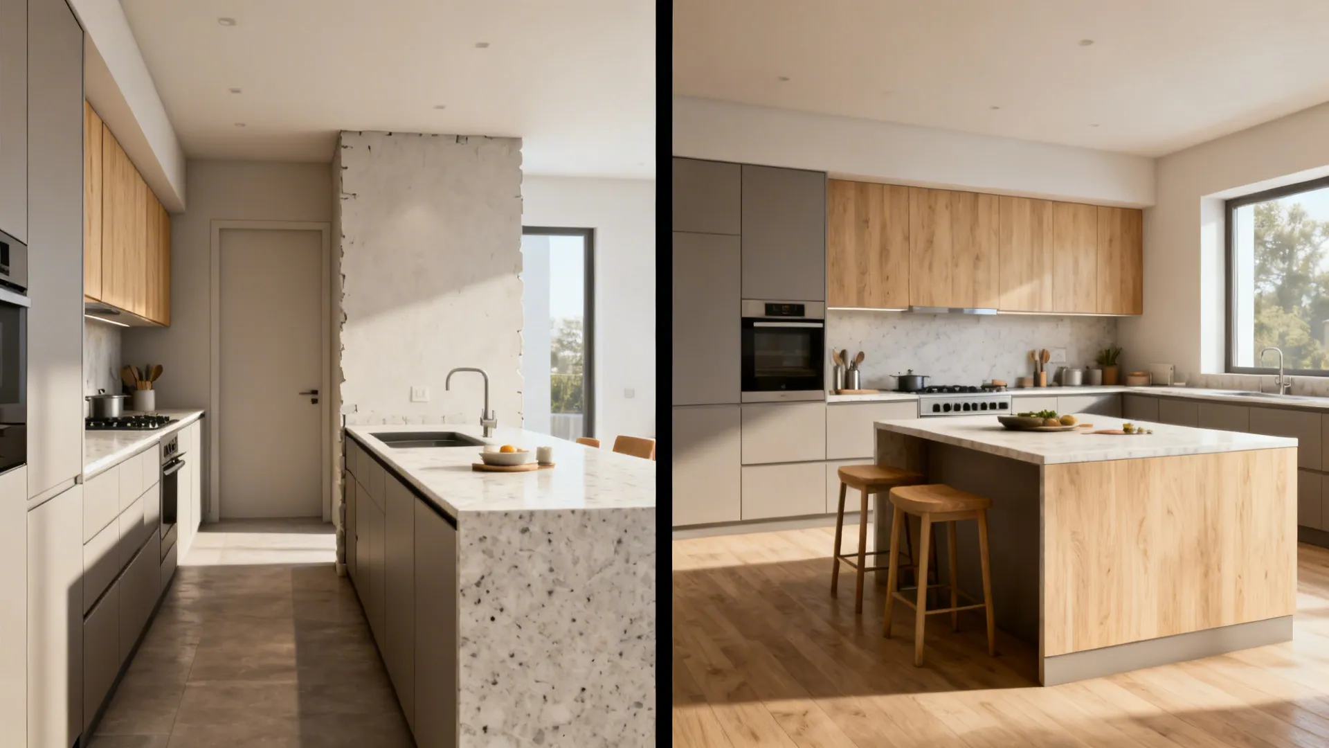 Before-and-after of a galley opened into an L-shaped kitchen with a peninsula.