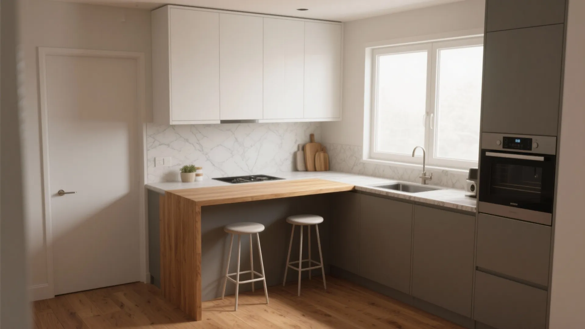 1. L-shape with a narrow breakfast bar