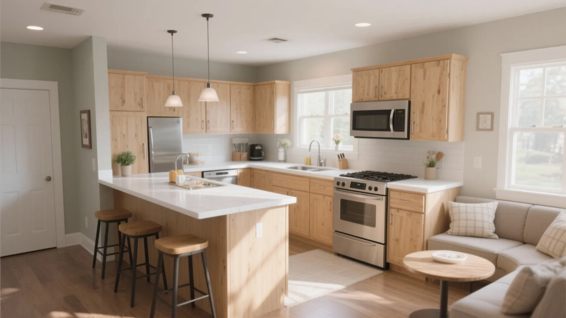 L-shaped kitchen with breakfast bar and light wood decor