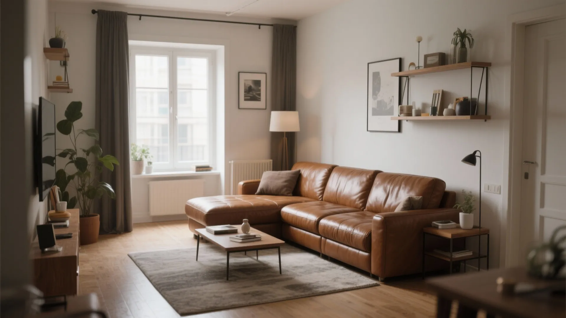 L-shaped brown leather couch in a small yet spacious-feeling living room