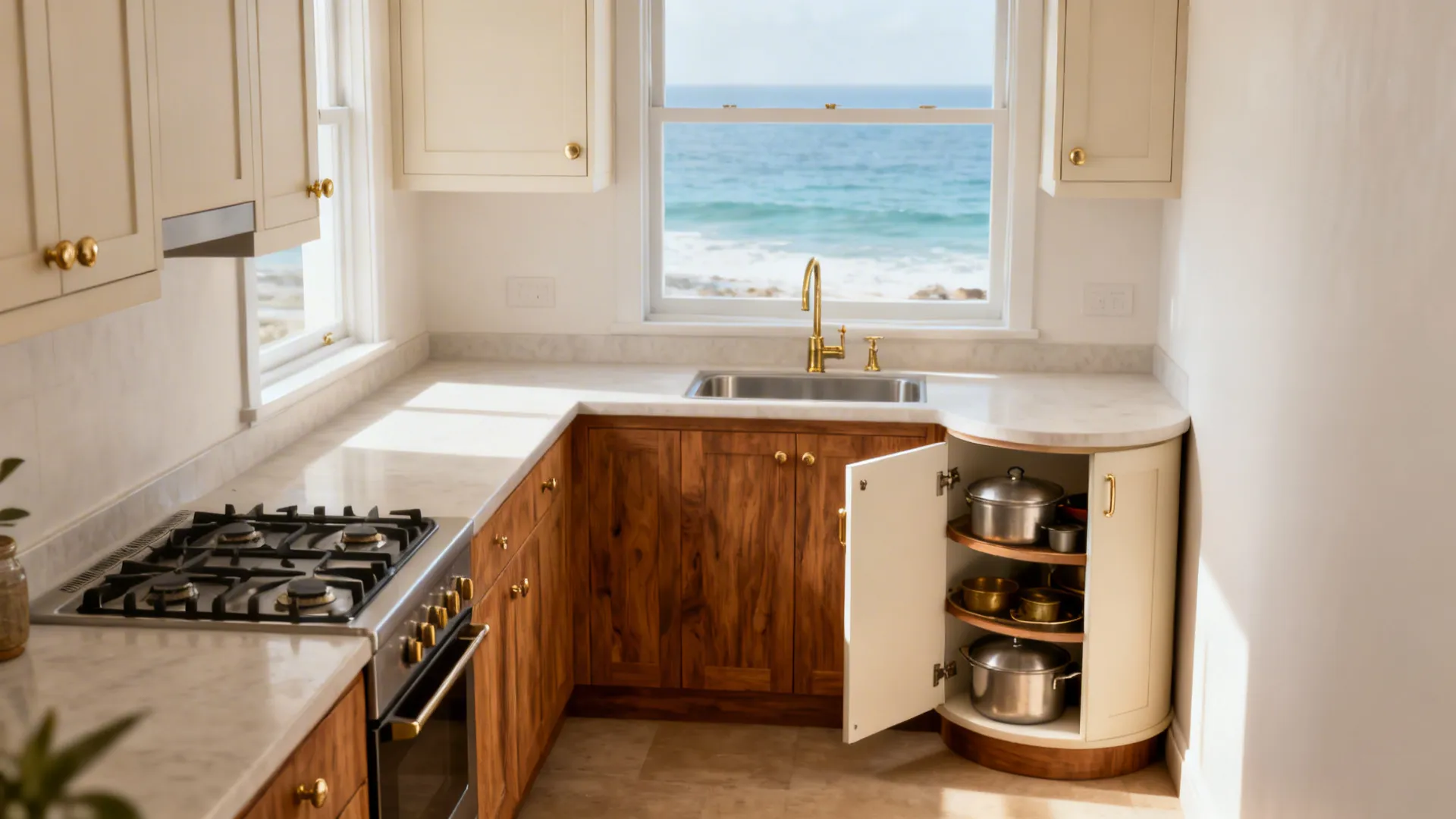 Compact L-shaped Kerala kitchen with a corner carousel and window-side sink for daylight.