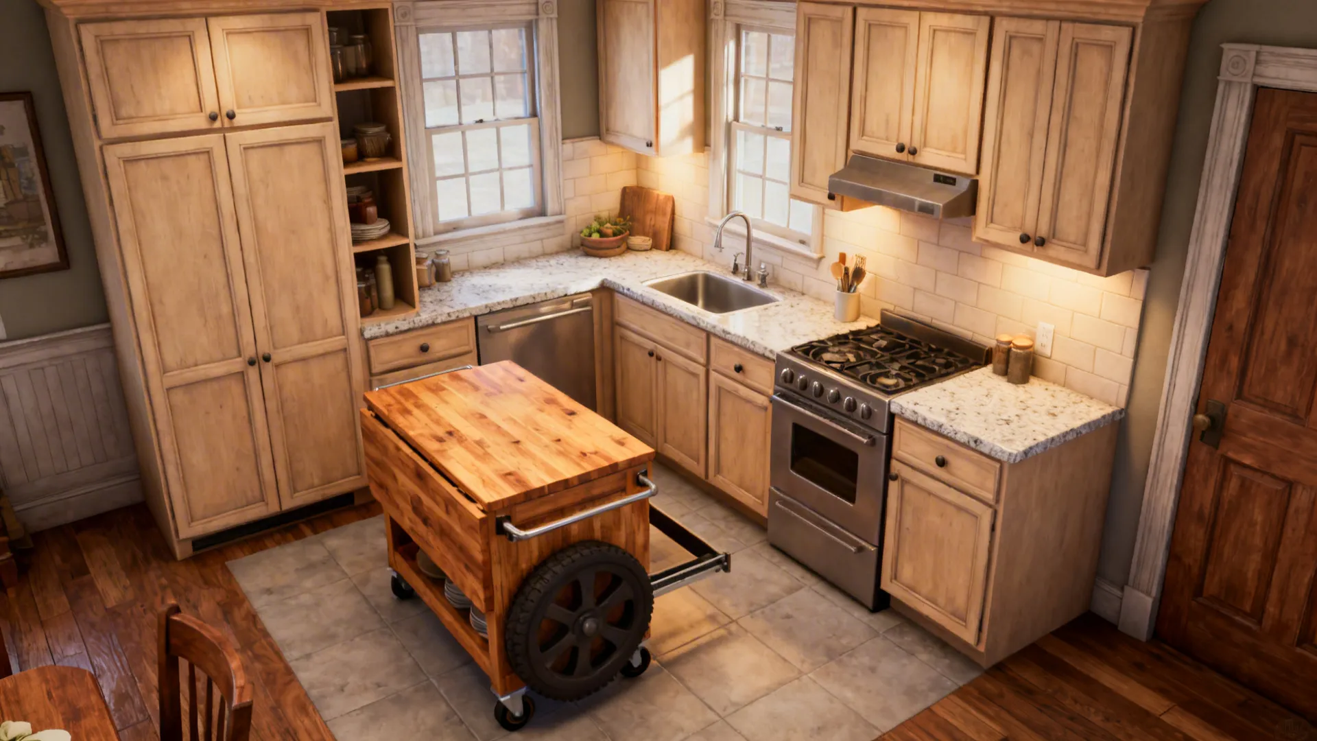 A compact L-shaped kitchen with a movable butcher-block cart creating a flexible prep zone.