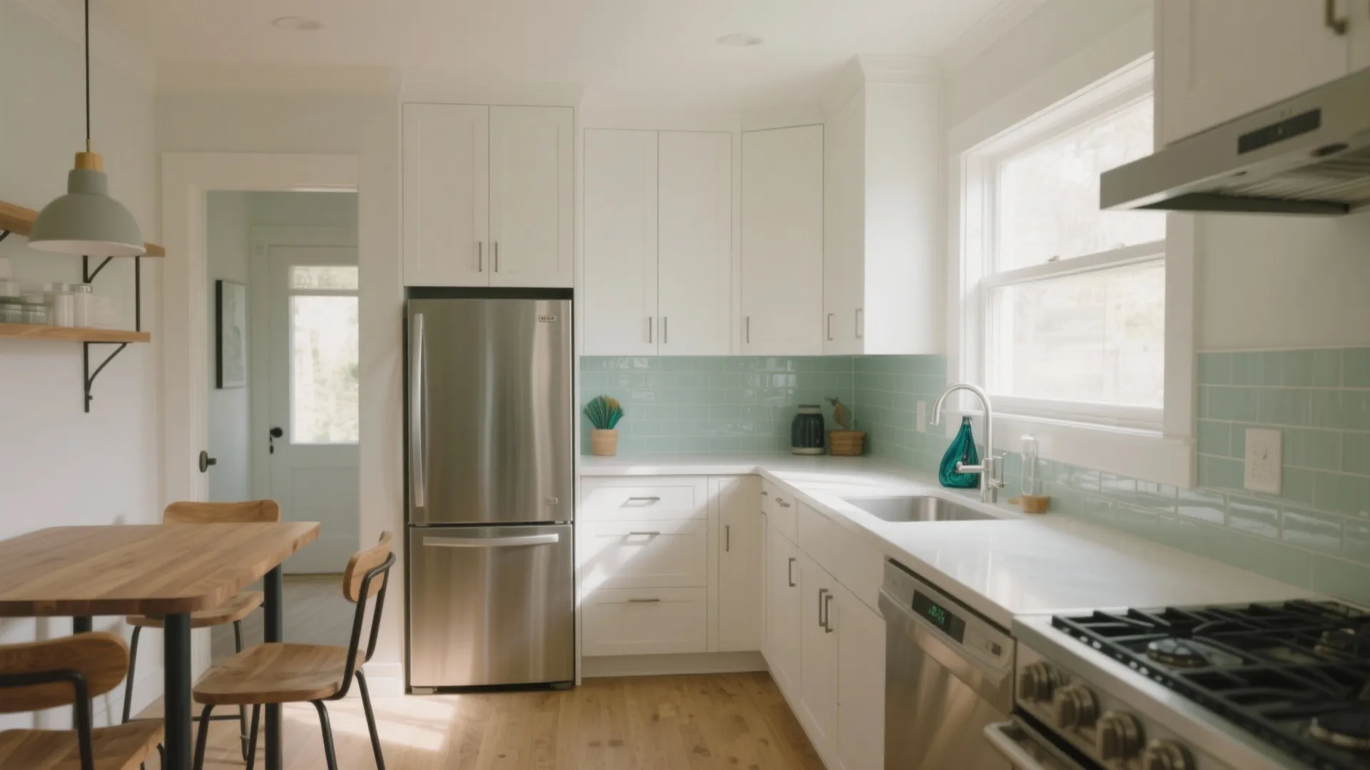 Modern kitchen with white cabinets blue tile wall stainless steel fridge and wooden dining table