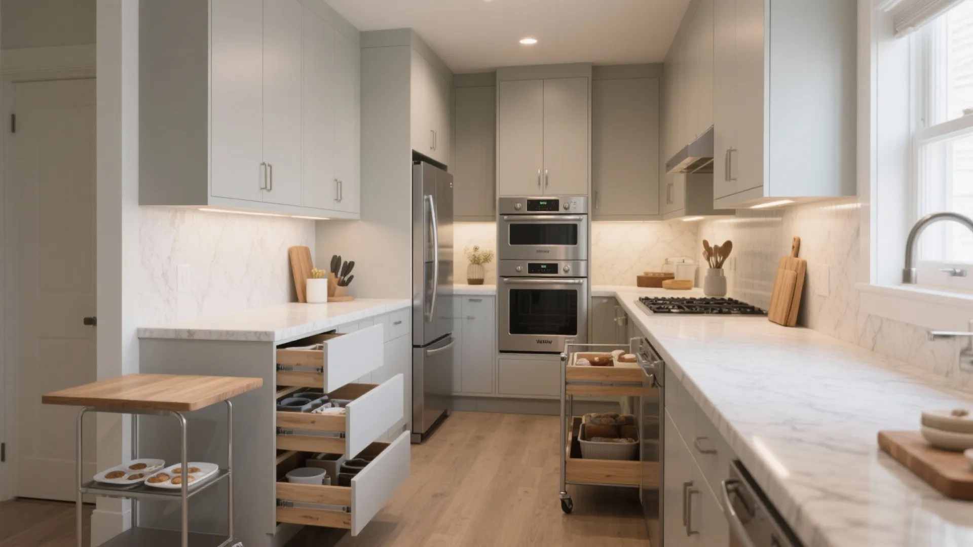 Modern L-shaped kitchen with light grey cabinets marble countertops stainless steel appliances and wood flooring design