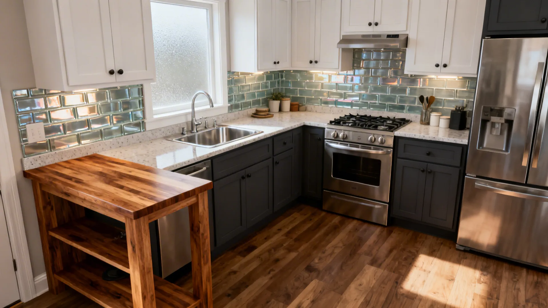 Compact L-shaped kitchen with a slim butcher-block return adding prep and drop space.