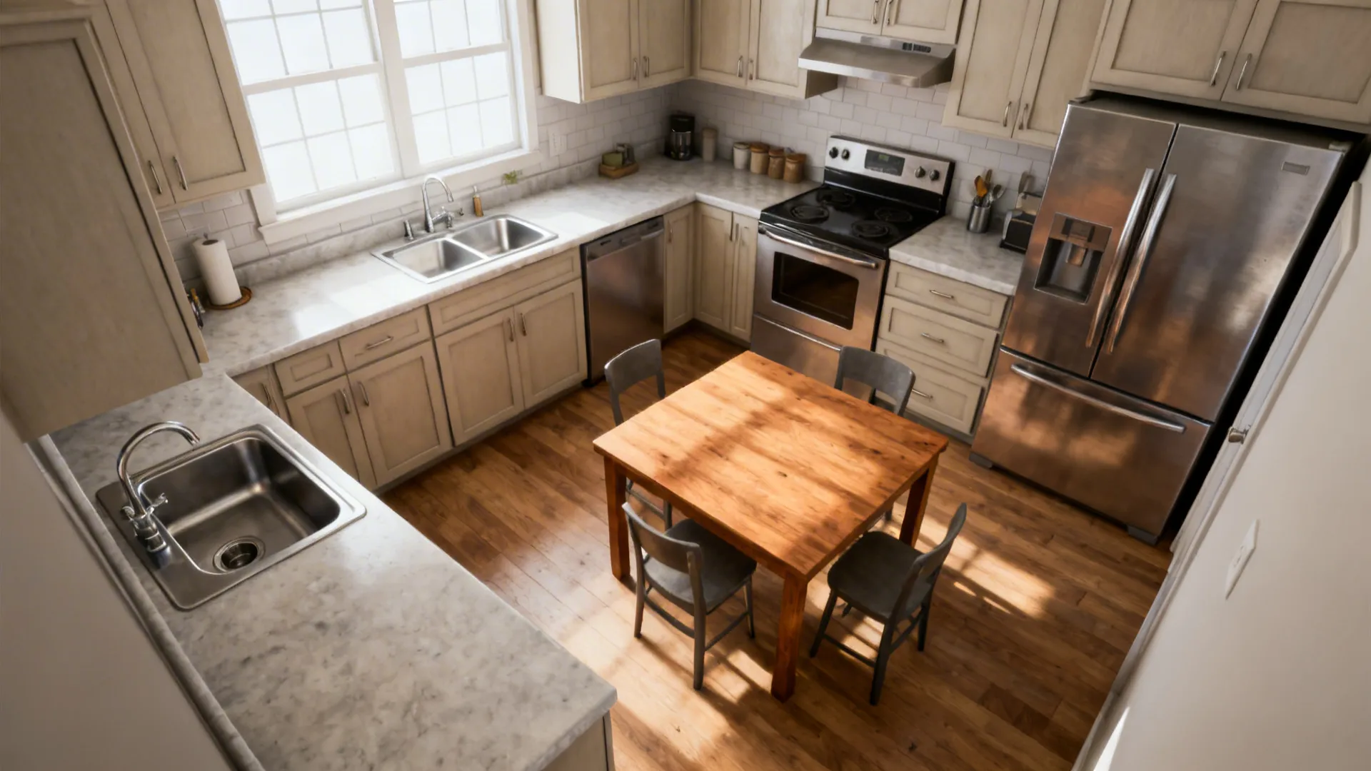 L-shaped 12x12 kitchen with long prep run and a petite dining table with clearances.