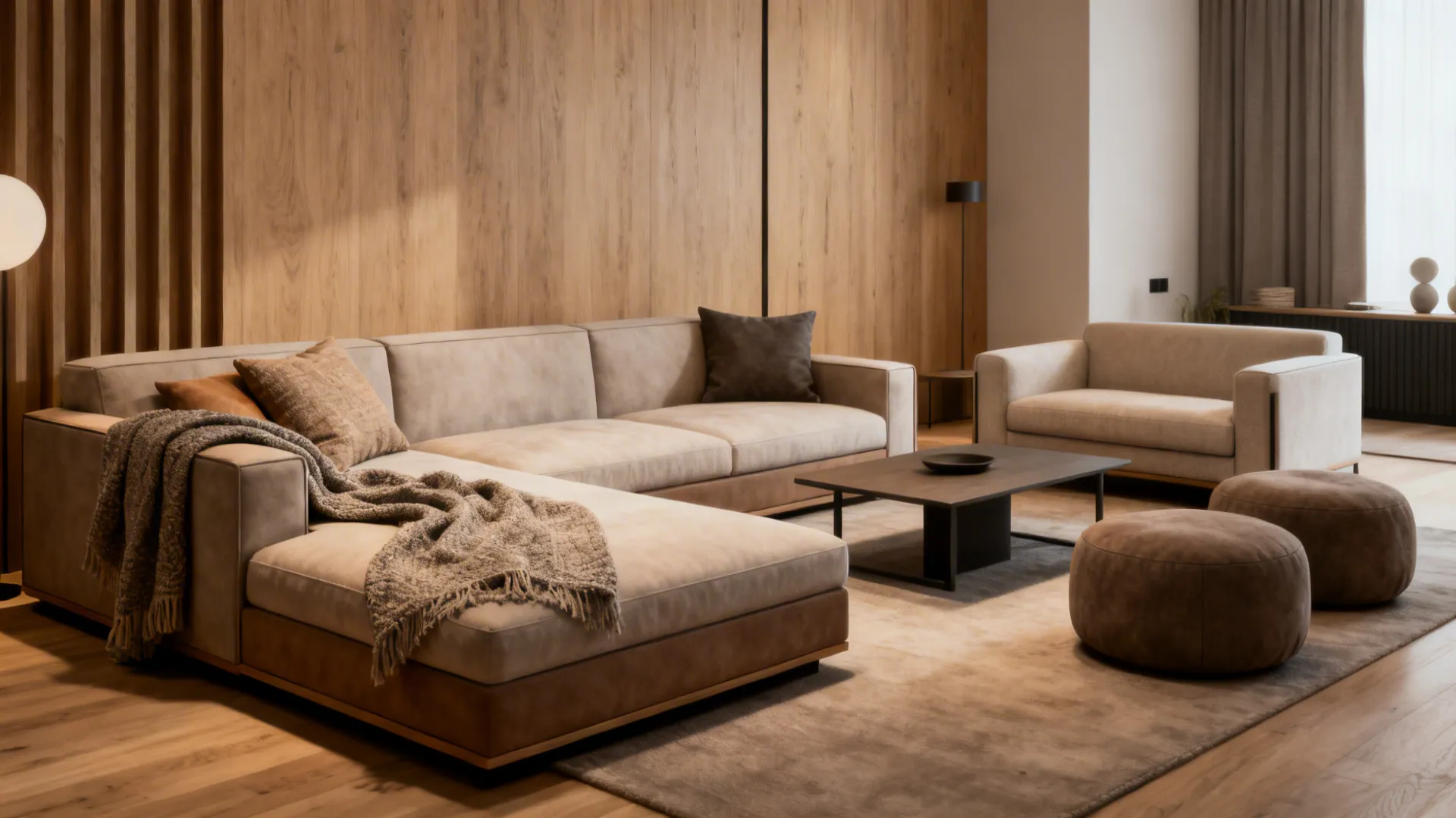 L-shaped sofa with chaise creating a cozy nook and a small loveseat opposite in a compact living room