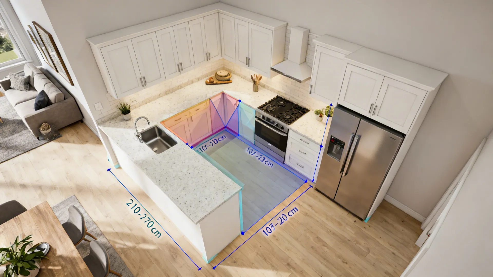 Compact L-shaped workflow with optimized clearances