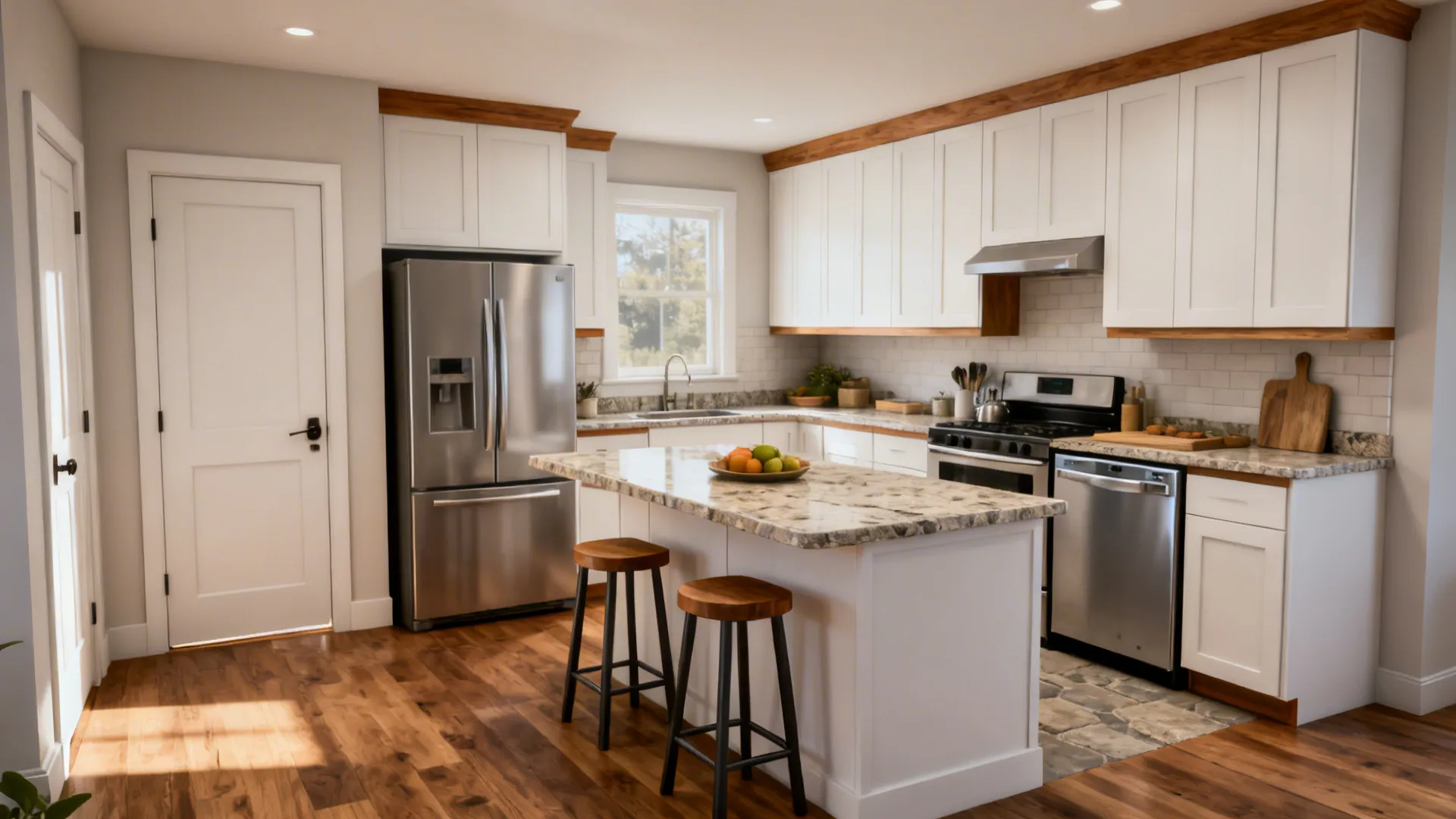 Small L-shaped kitchen with a continuous counter, prep corner, and two-stool perch.