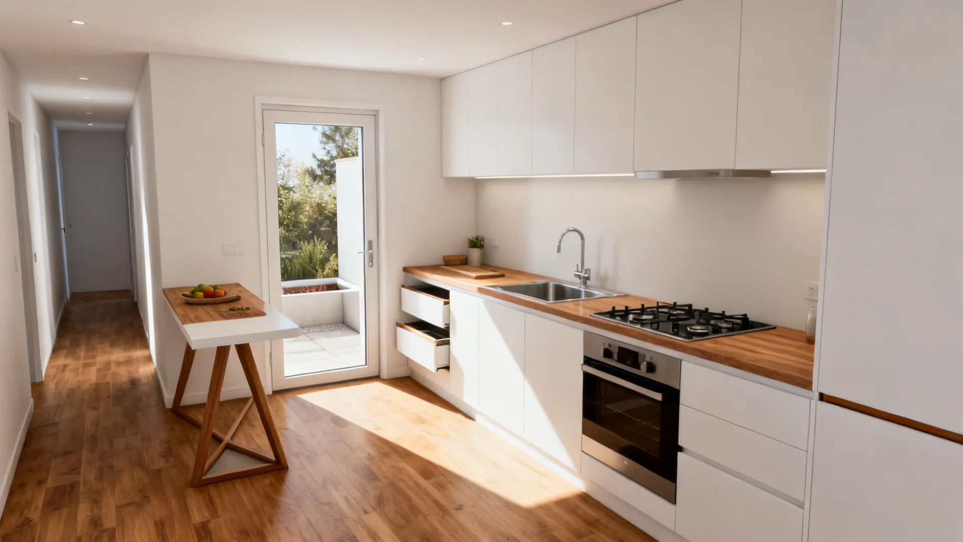 L-shaped small kitchen with a landing counter by a glazed door to an outdoor fridge niche.