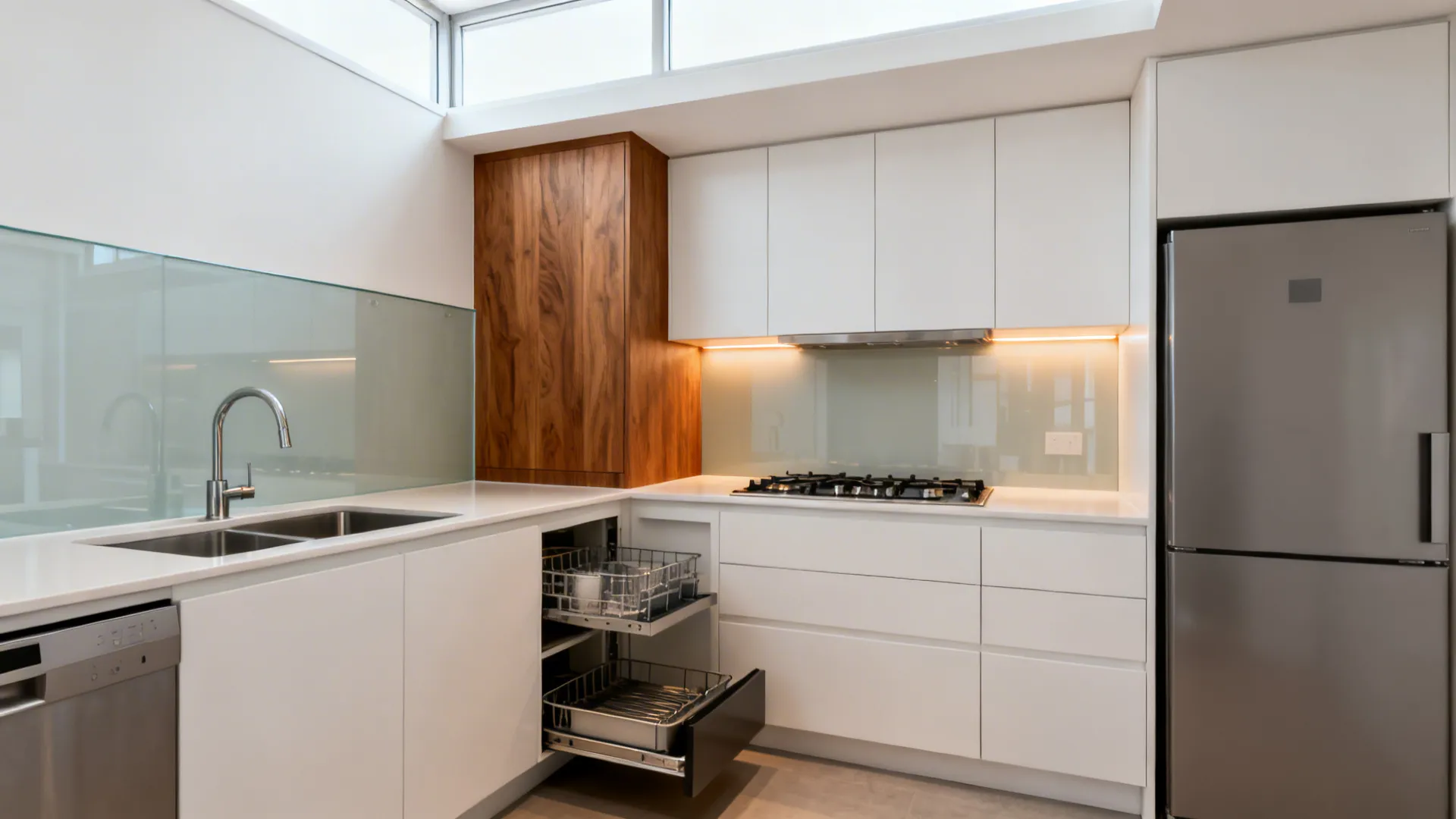 Compact L-shaped kitchen with clear prep zone, corner solution, and glass backsplash.