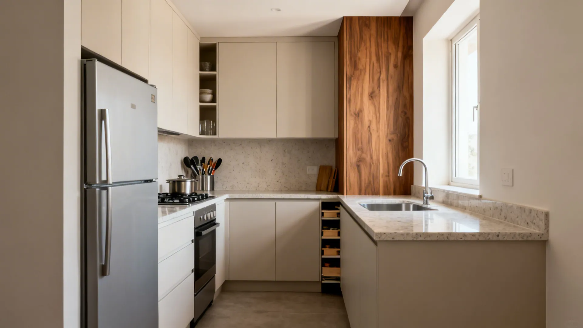 Compact L-shaped kitchen with fridge on short leg, clear prep run, and drawer stack by the hob.