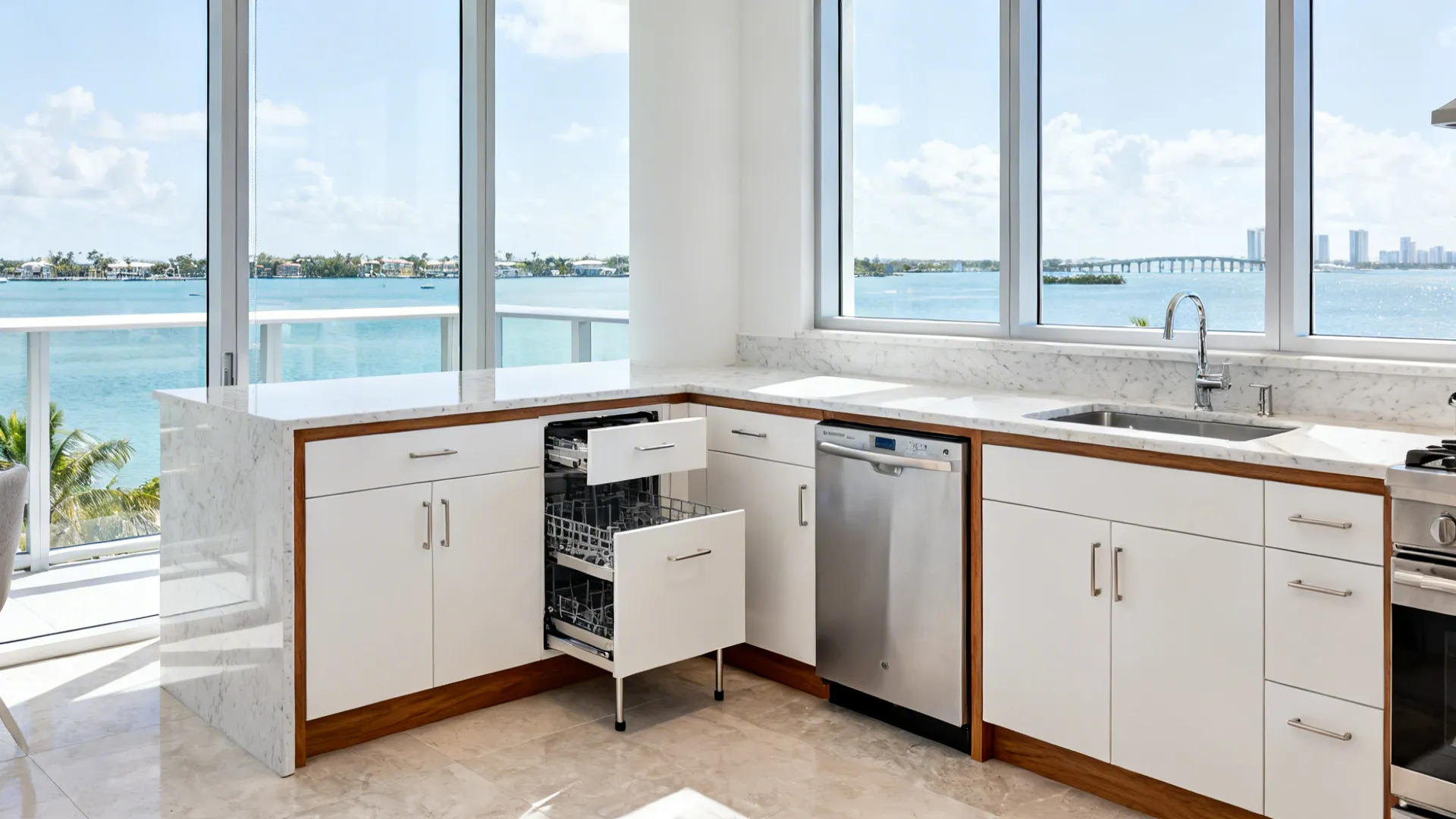 L-shaped condo kitchen with a corner pull-out, breakfast bar, and bright bay view light.