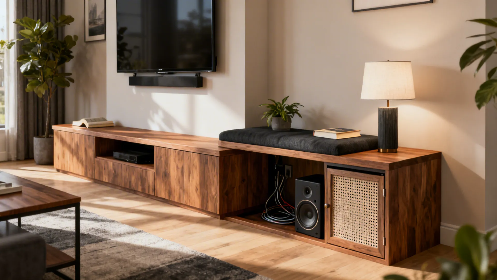 L-shaped media console wrapping a corner under a wall-mounted TV with a lamp, plants, and hidden subwoofer.