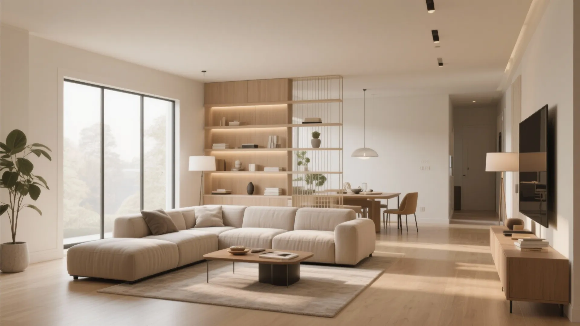 Modern open plan living room with cream sofa wood floors dining table and large windows