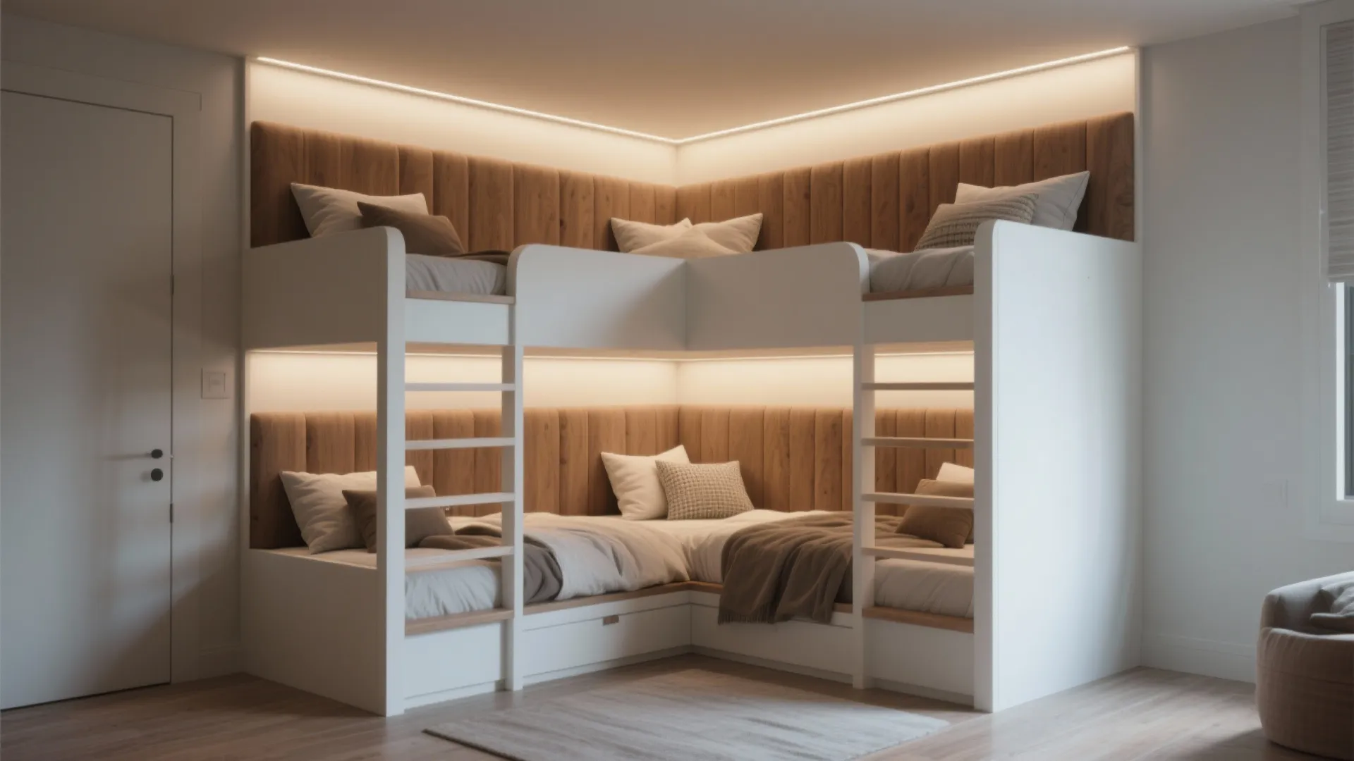 Modern white L shaped bunk beds with wooden wall panels and integrated warm LED strip lighting