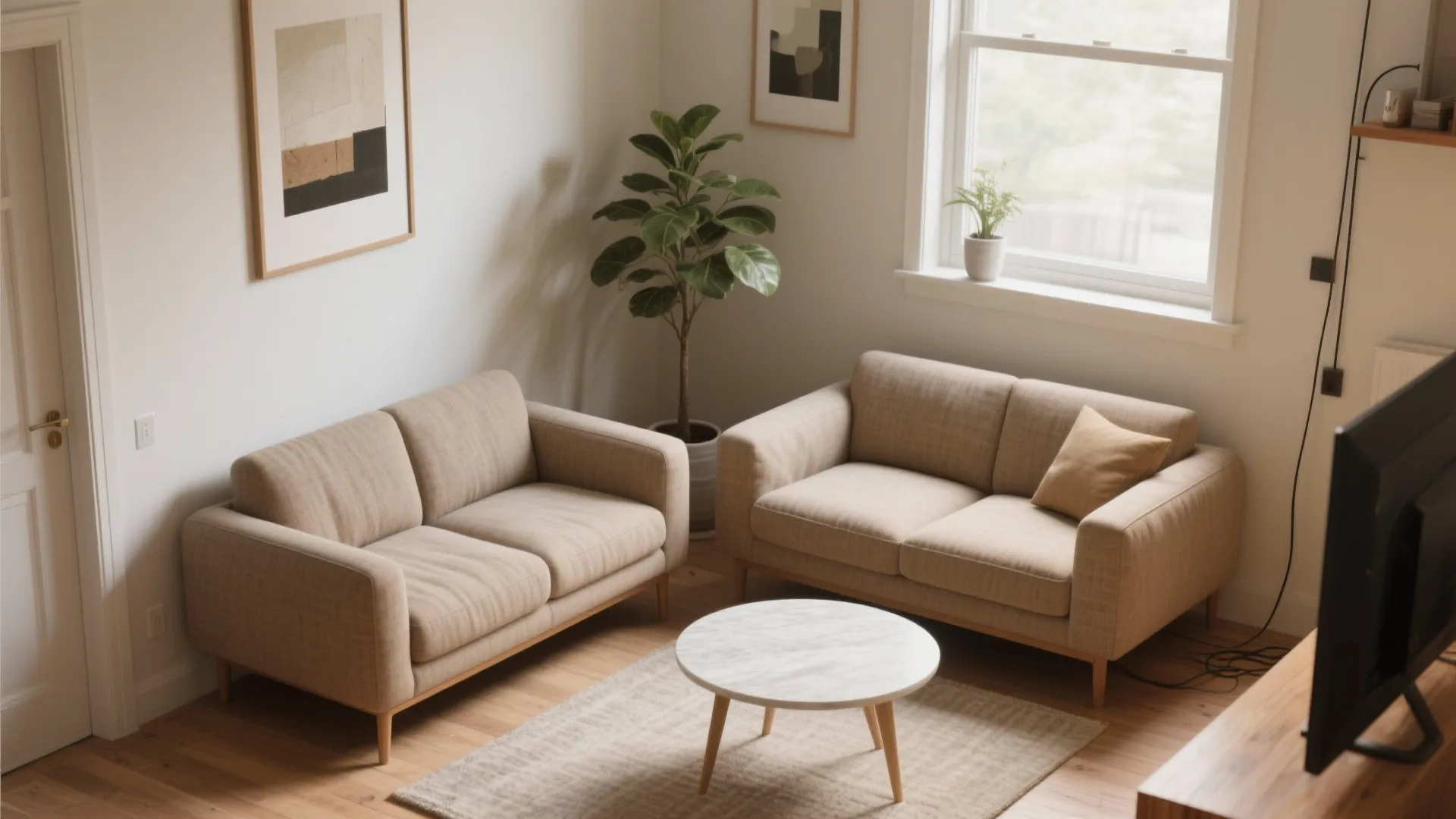 Living room corner featuring two beige sofas a marble coffee table green plant and white walls